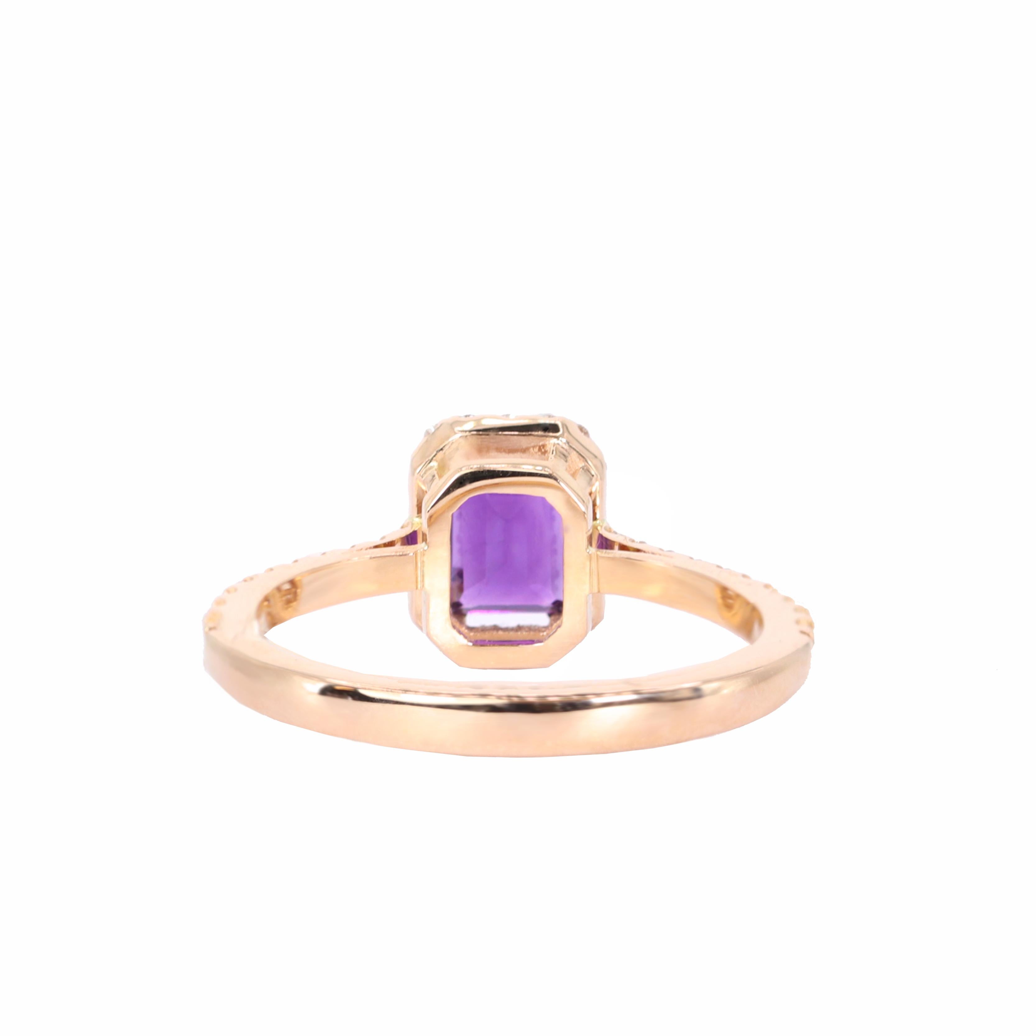 Emerald Cut Georgios Collections 18 Karat Rose Gold Amethyst Ring with Diamond Bezel For Sale