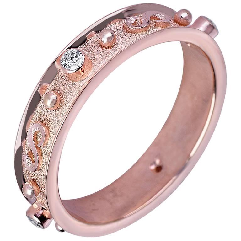 Georgios Collections 18 Karat Rose Gold Thin Band Diamond Ring with Granulation For Sale