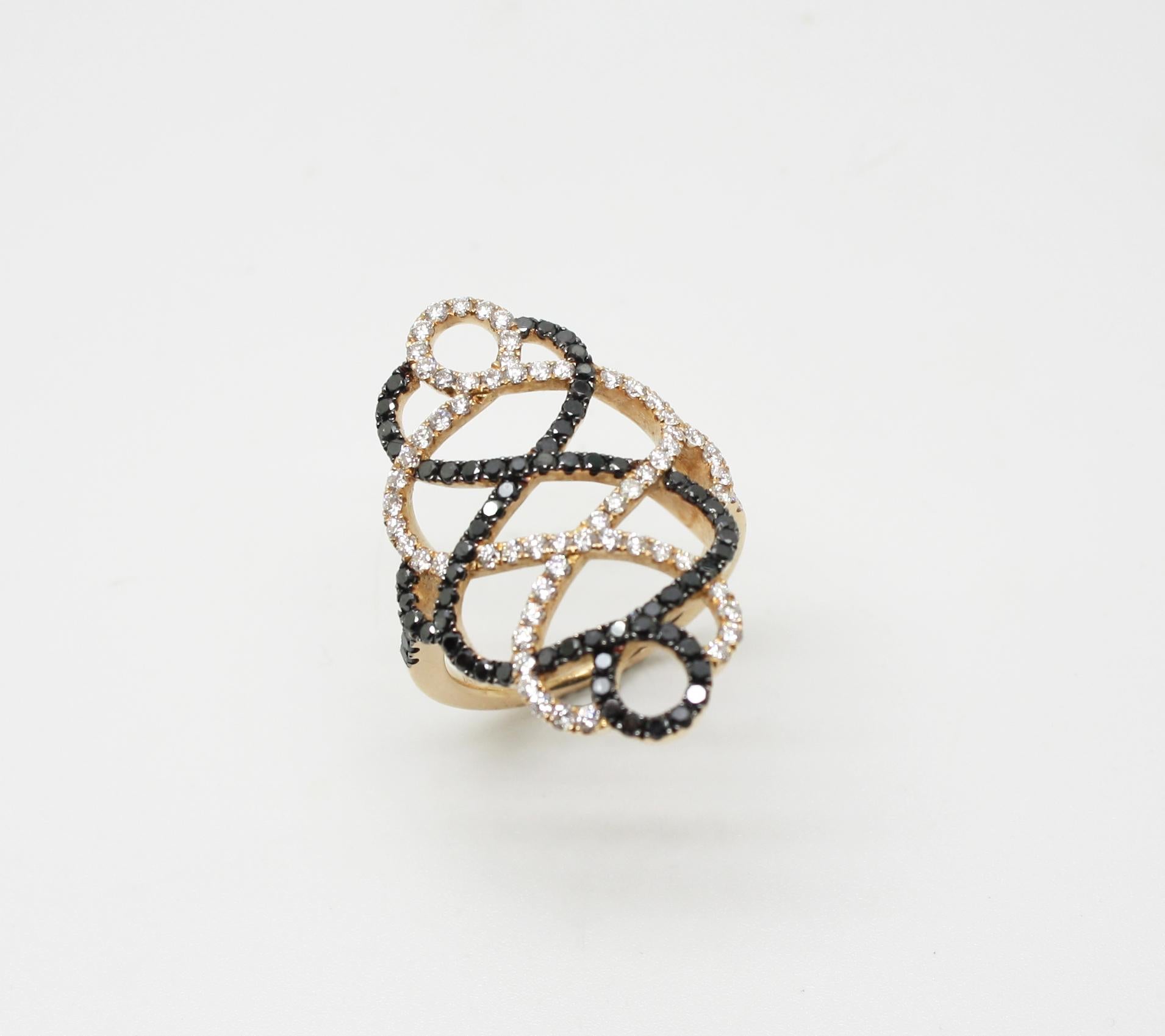Georgios Collections 18 Karat Rose Gold Black and White Diamond Spiral Long Ring 3