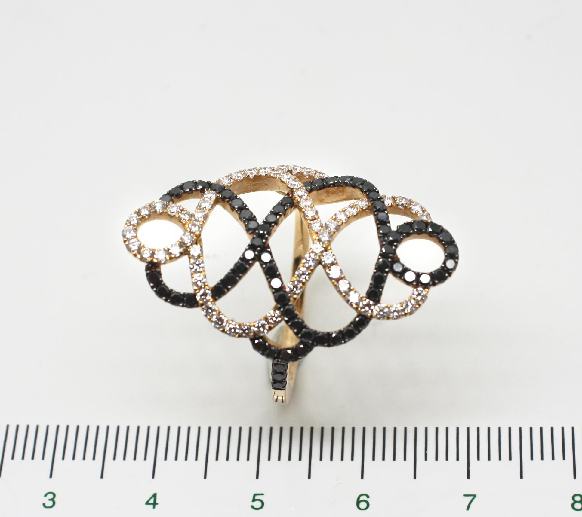 Women's Georgios Collections 18 Karat Rose Gold Black and White Diamond Spiral Long Ring