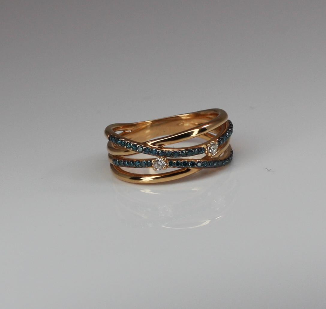 Round Cut Georgios Collections 18 Karat Rose Gold Blue and White Diamond Multi Band Ring For Sale