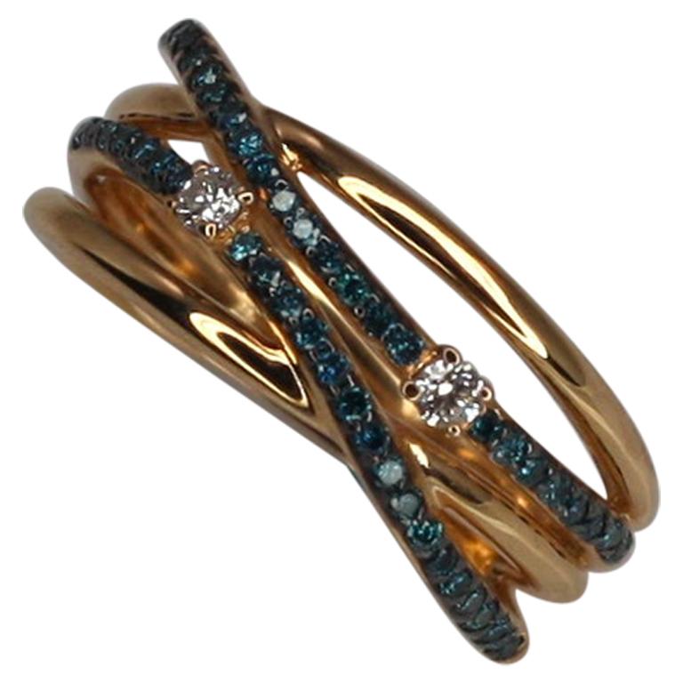 Georgios Collections 18 Karat Rose Gold Blue and White Diamond Multi Band Ring For Sale