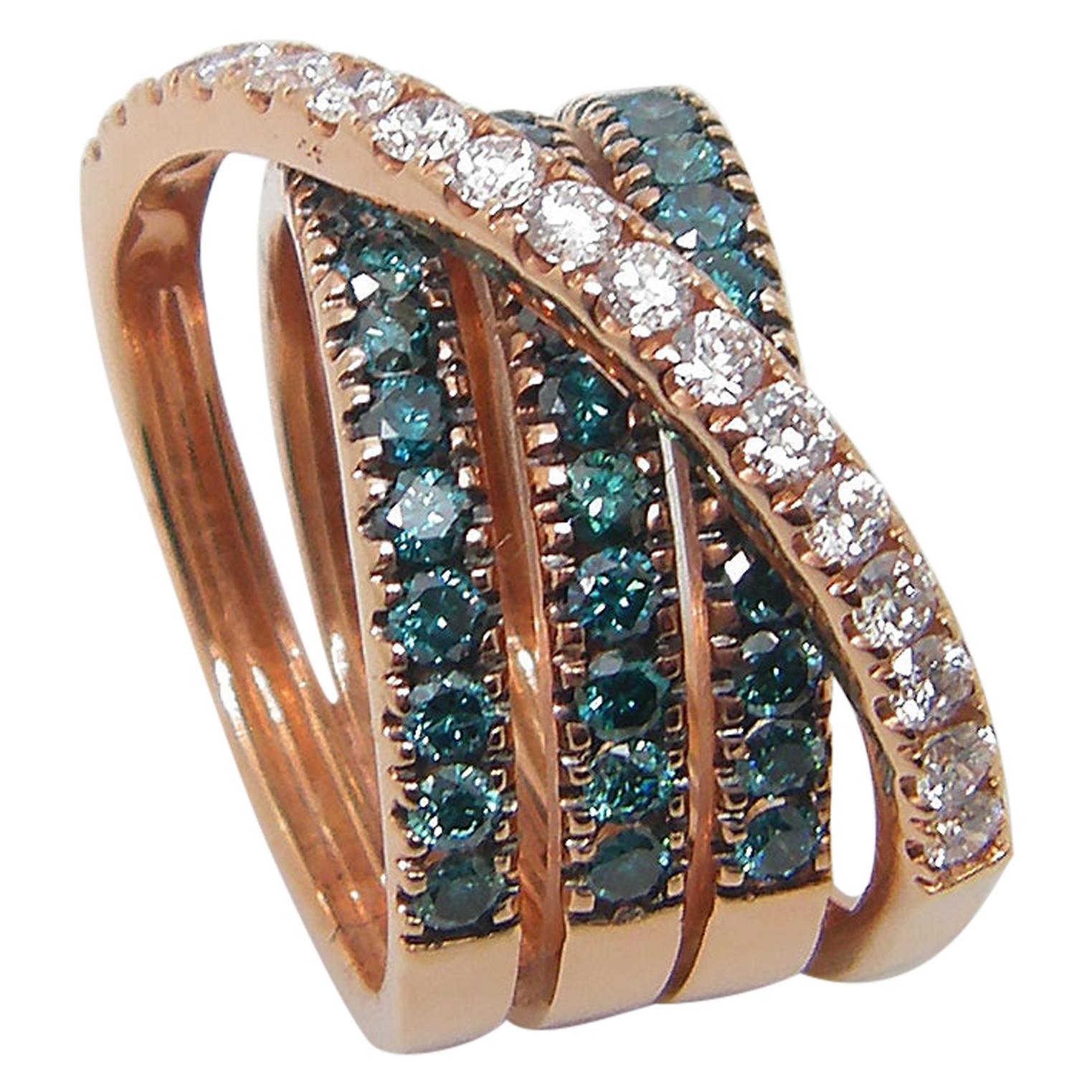 Georgios Collections 18 Karat Rose Gold Blue and White Diamond Wide Band Ring For Sale