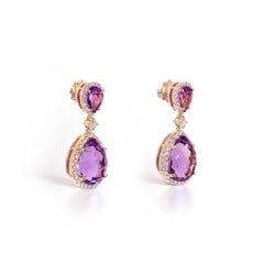 Georgios Collections 18 Karat Rose Gold Dangle Pear Diamond & Amethyst Earrings