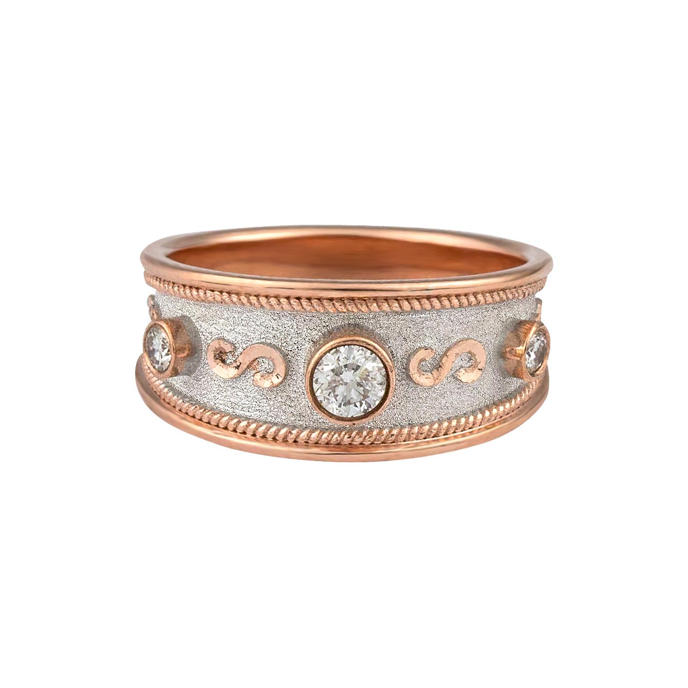 S.Georgios design ring handmade from solid 18 Karat Rose Gold all custom-made. This graduated ring is microscopically decorated with rose gold wires and granulated details contrast with a unique Byzantine velvet background finished in White Rhodium.
