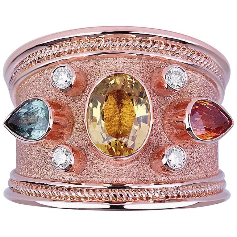 Oval Cut Georgios Collections 18 Karat Rose Gold Diamond Band Ring Multicolor Sapphires For Sale