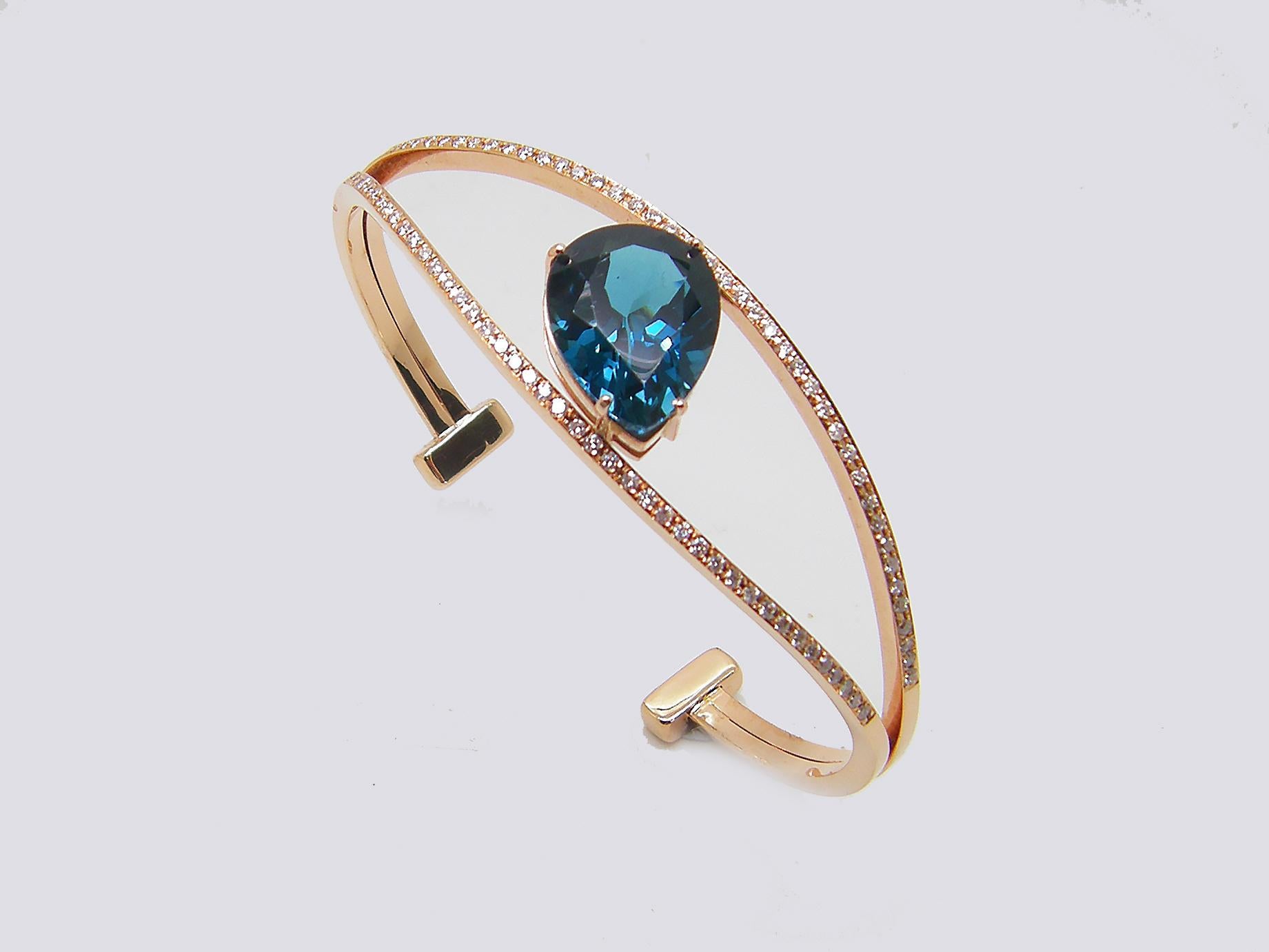 Georgios Collections 18 Karat Rose Gold Diamond London Blue Topaz Cuff Bracelet For Sale 2
