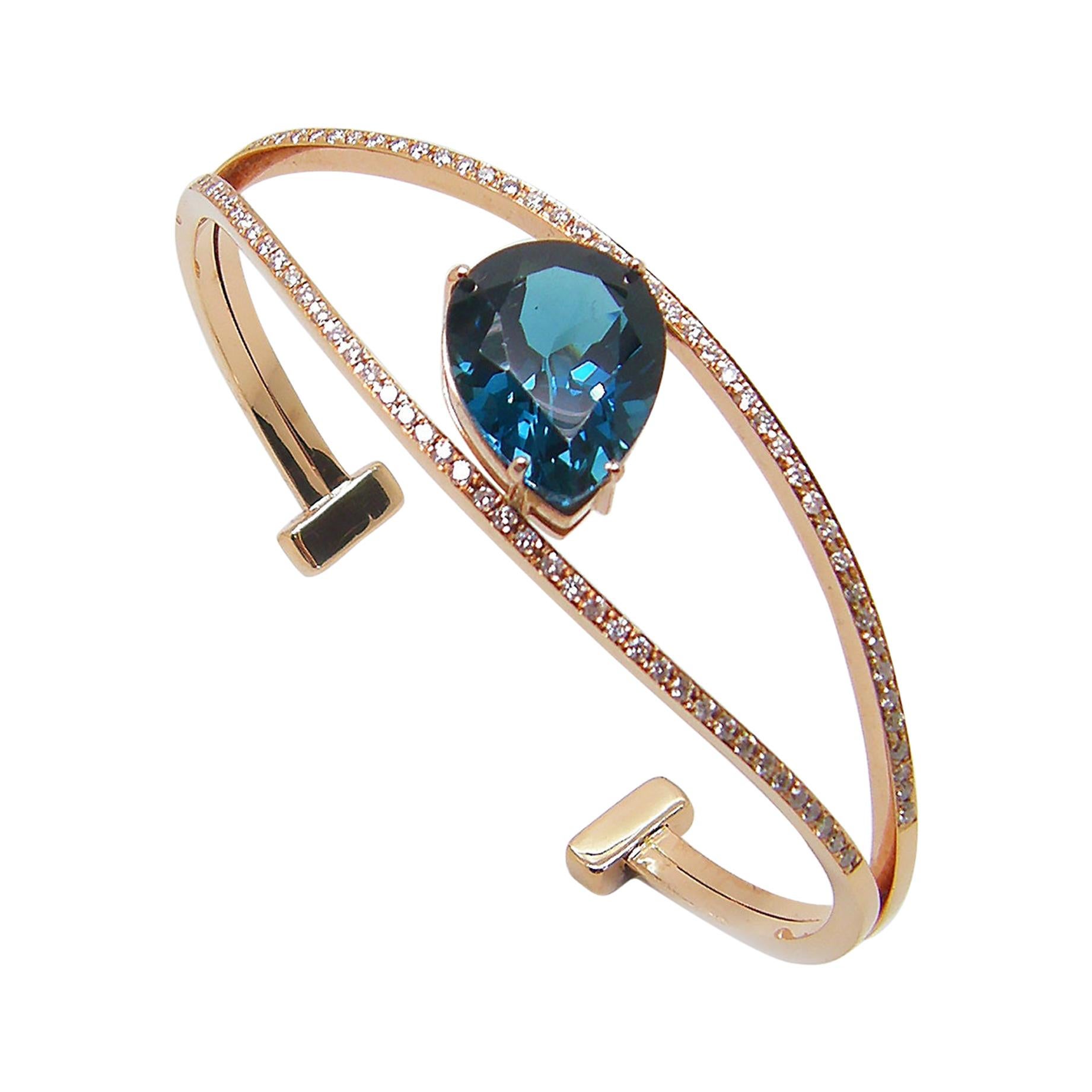 Georgios Collections Bracelet manchette en or rose 18 carats avec diamants et topaze bleue de Londres