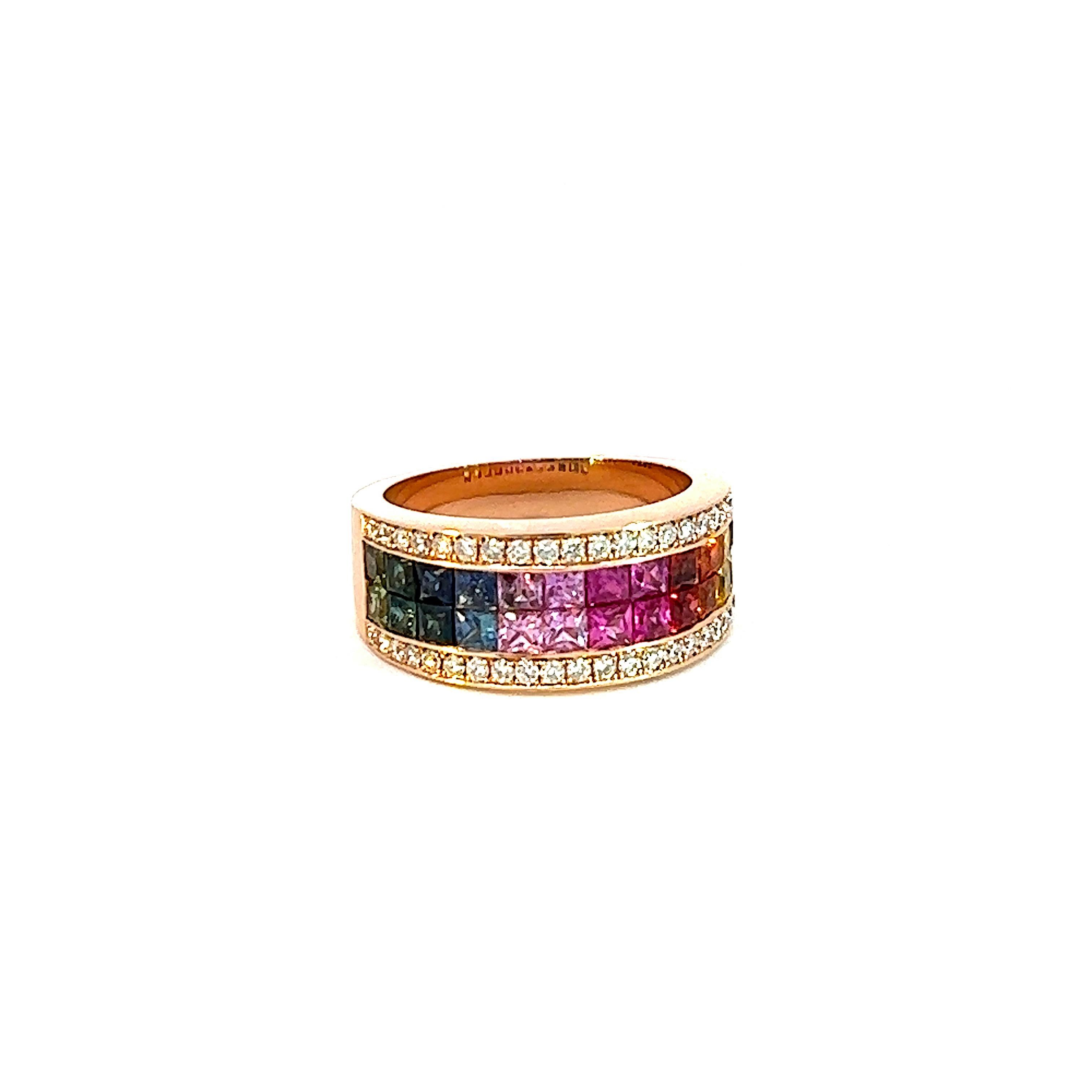 Contemporary Georgios Collections 18 Karat Rose Gold Diamond Multi-Color Sapphire Band Ring For Sale