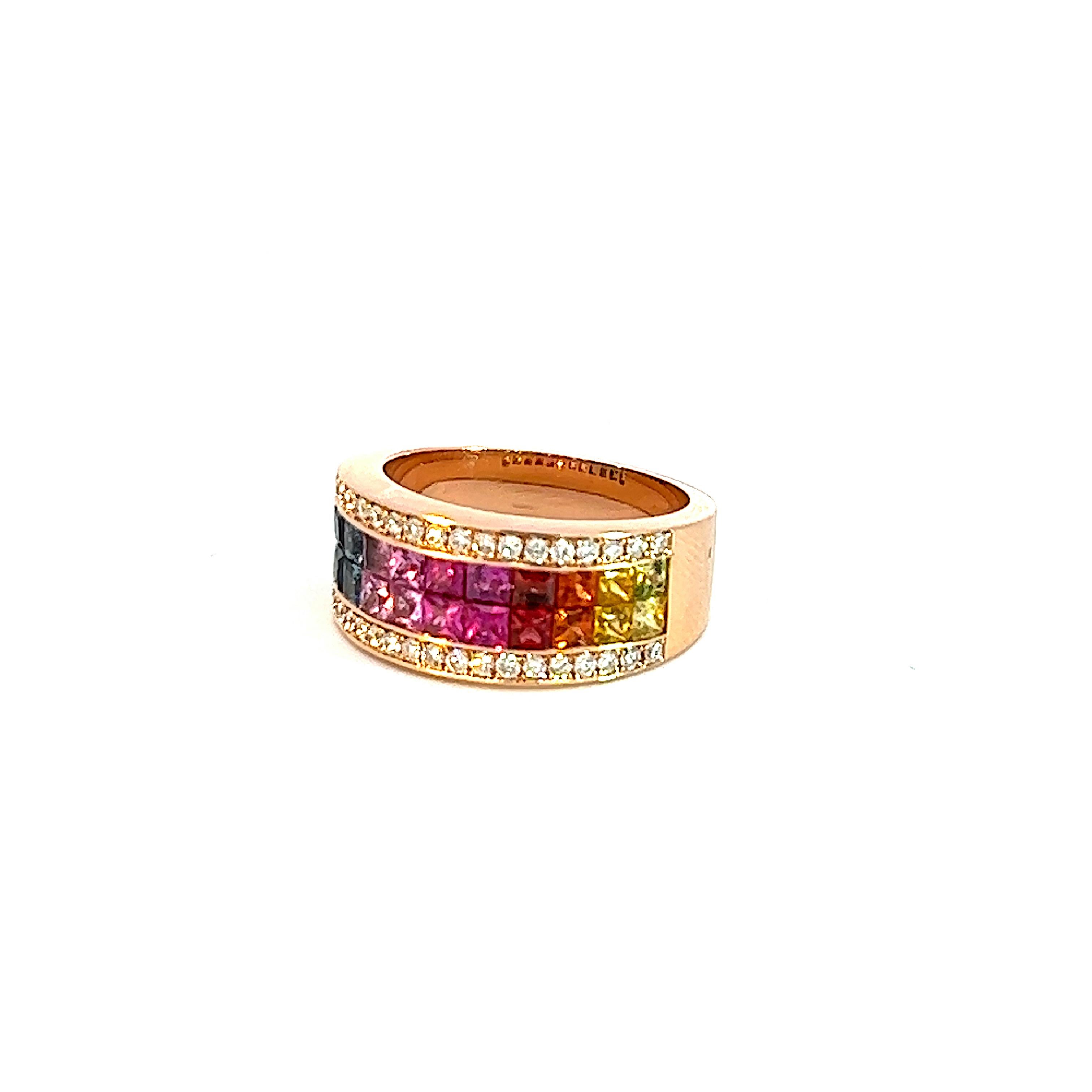 Princess Cut Georgios Collections 18 Karat Rose Gold Diamond Multi-Color Sapphire Band Ring For Sale