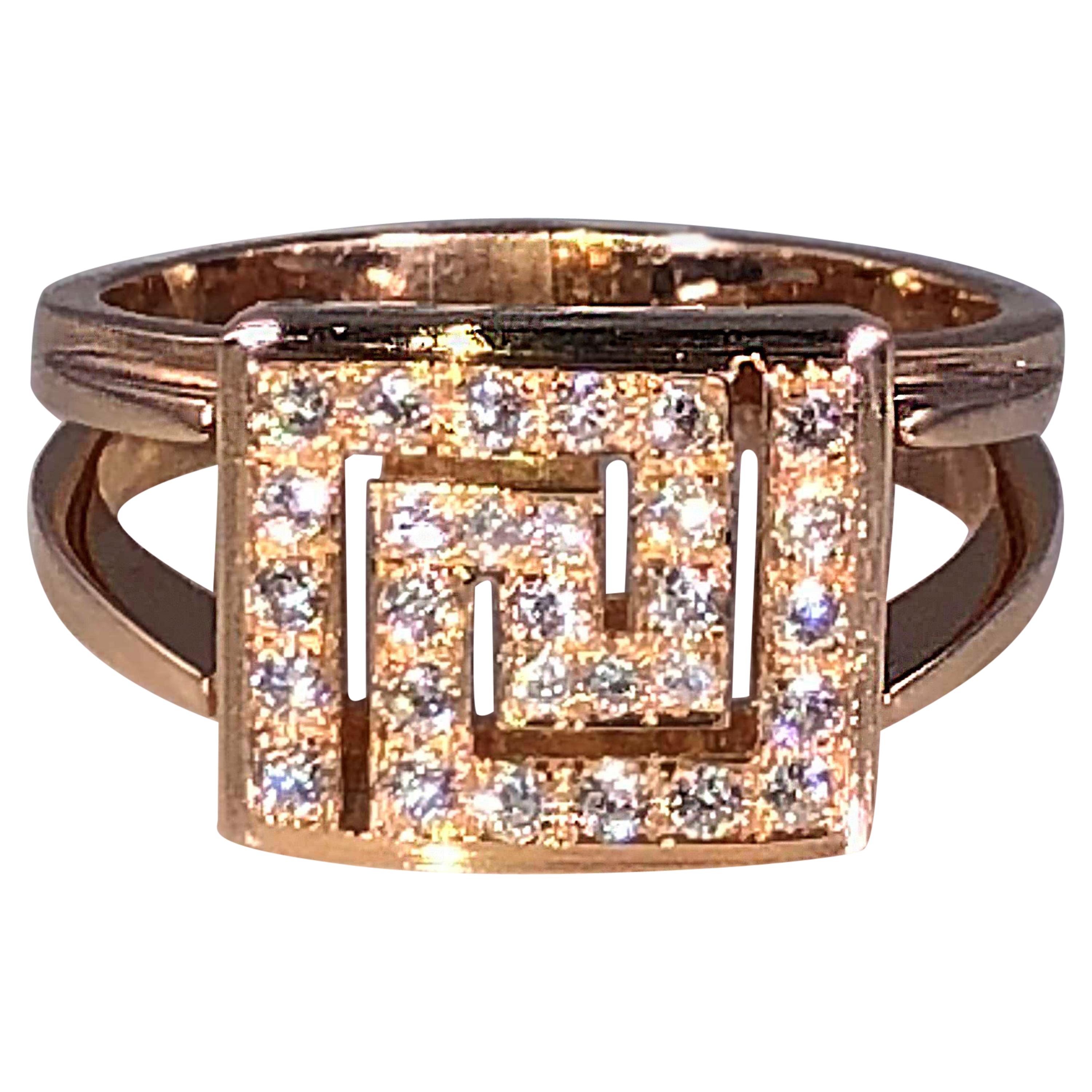 Georgios Collections 18 Karat Rose Gold Greek Key Design Wide Ring with Diamonds For Sale