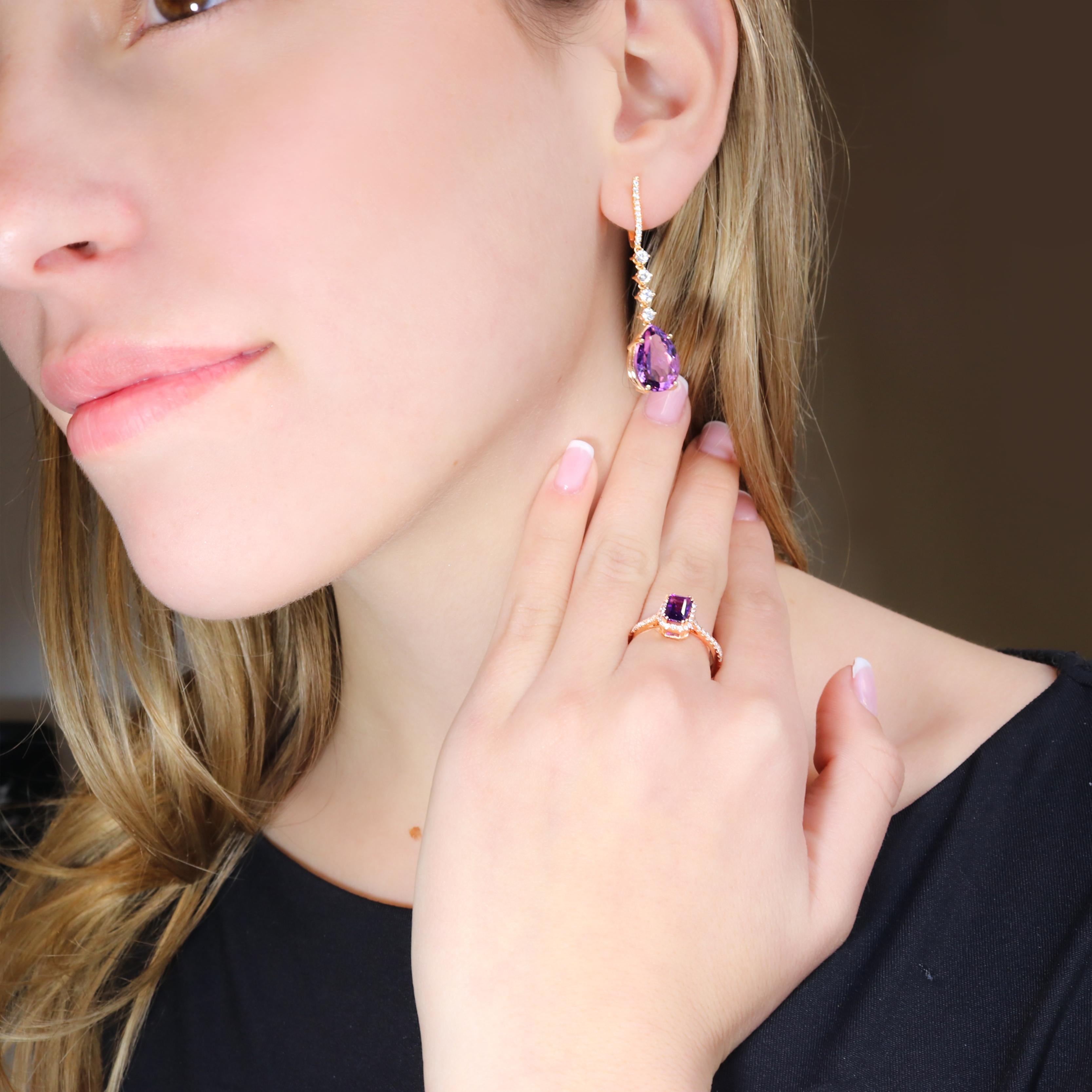 Georgios Collections 18 Karat Rose Gold Long Pear Amethyst Earrings with Diamond For Sale 4