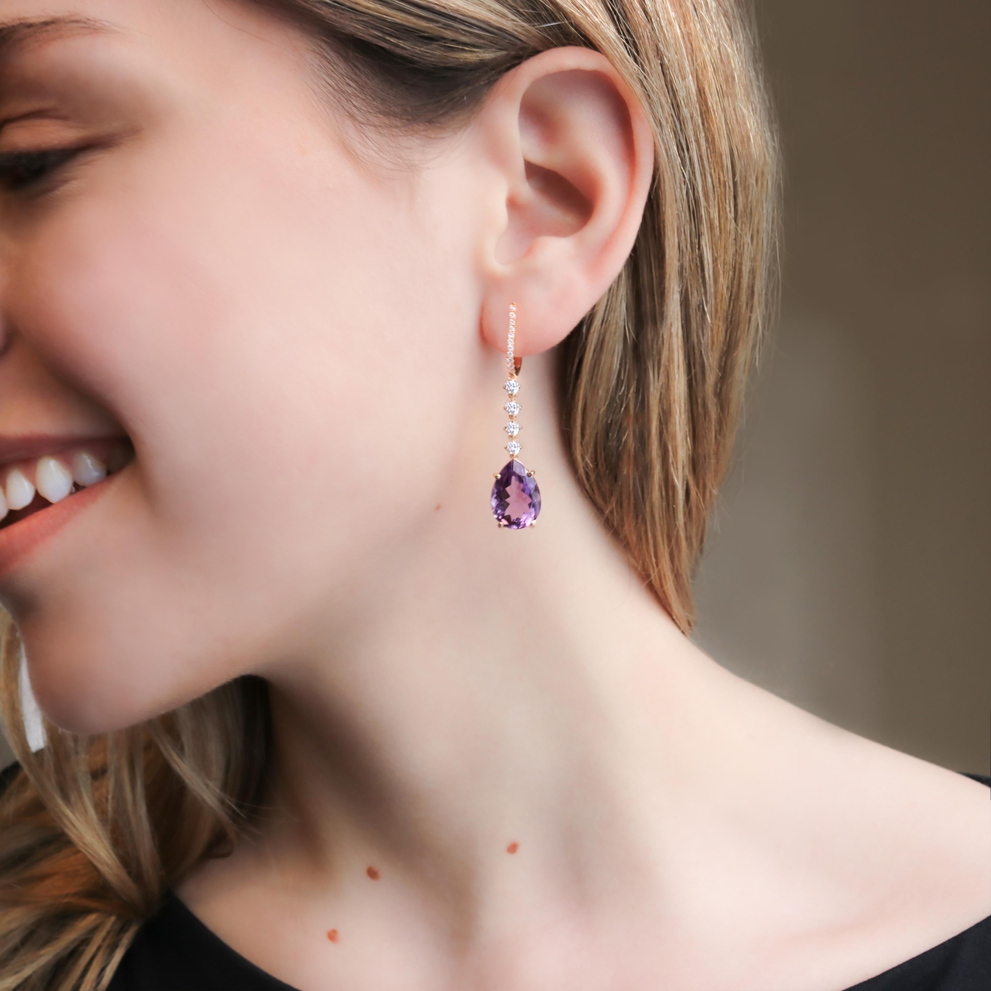 Georgios Collections 18 Karat Rose Gold Long Pear Amethyst Earrings with Diamond For Sale 6