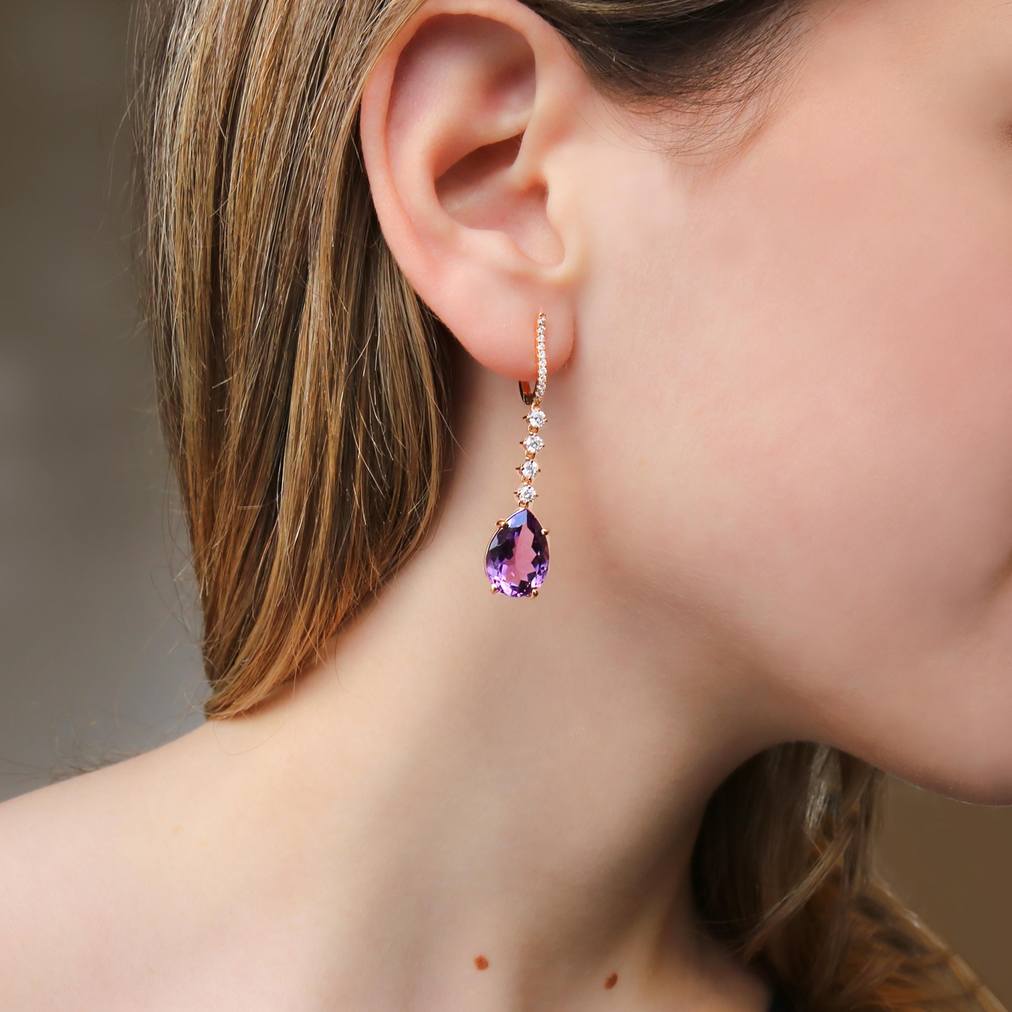 Georgios Collections 18 Karat Rose Gold Long Pear Amethyst Earrings with Diamond For Sale 7