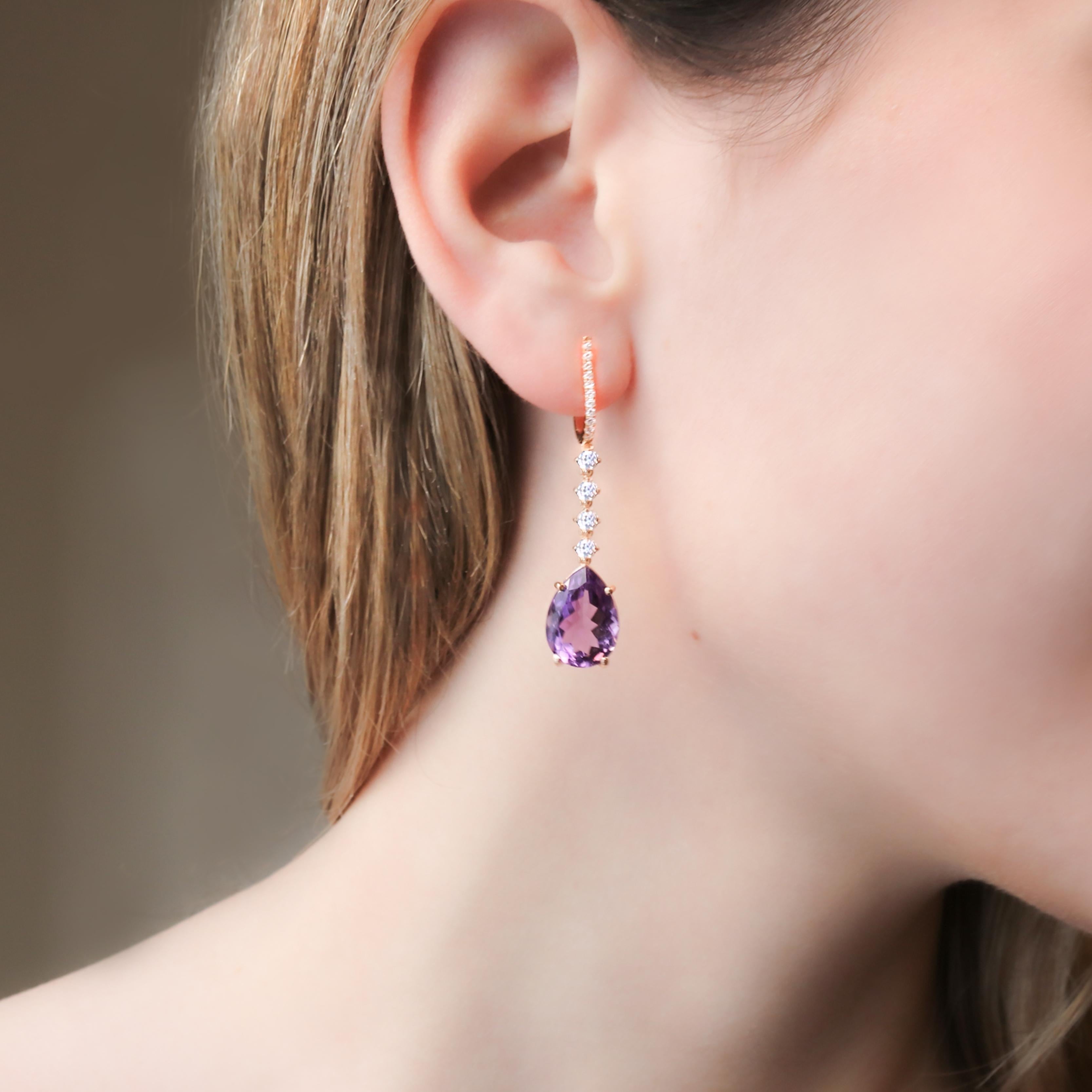 Georgios Collections 18 Karat Rose Gold Long Pear Amethyst Earrings with Diamond For Sale 8