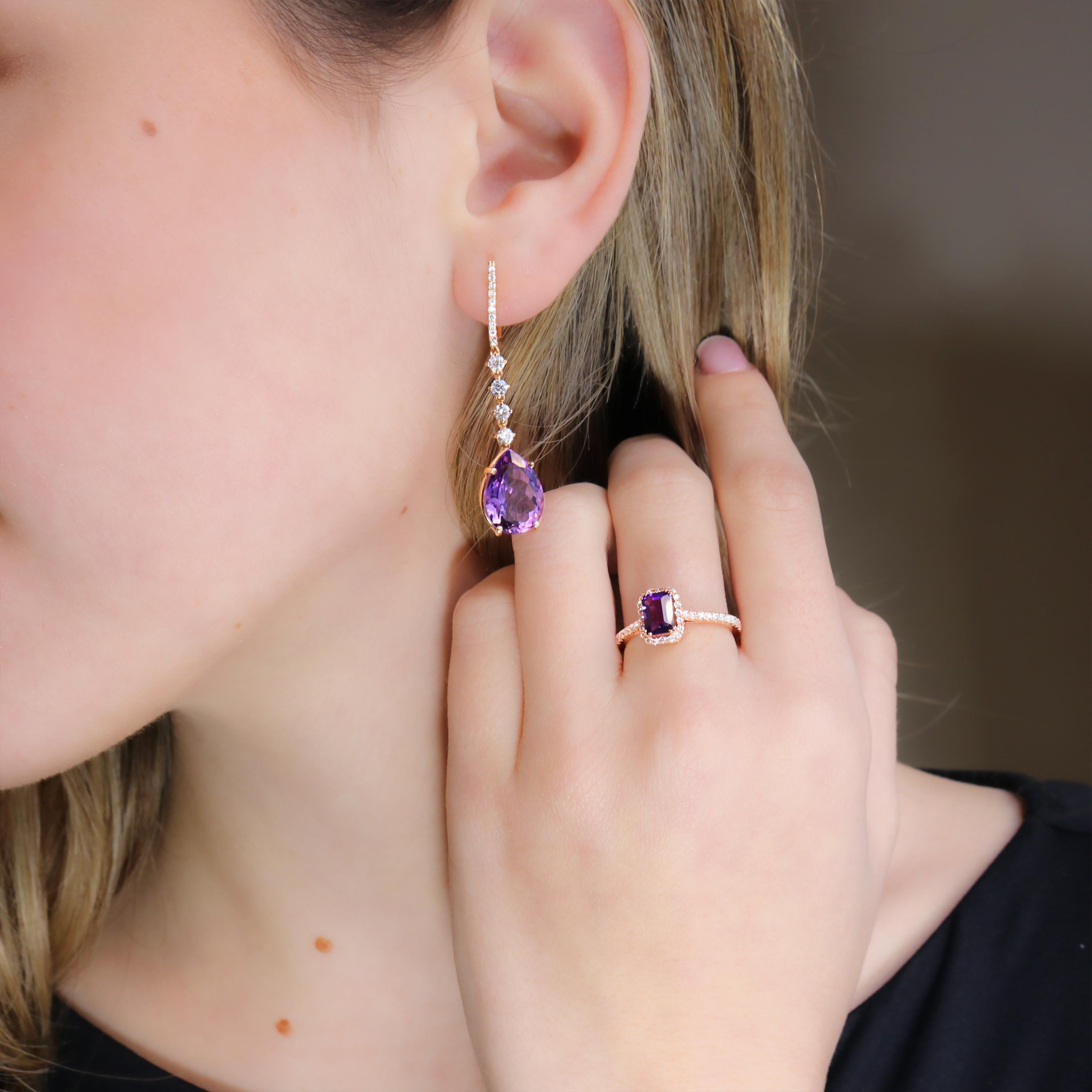 Georgios Collections 18 Karat Rose Gold Long Pear Amethyst Earrings with Diamond For Sale 9