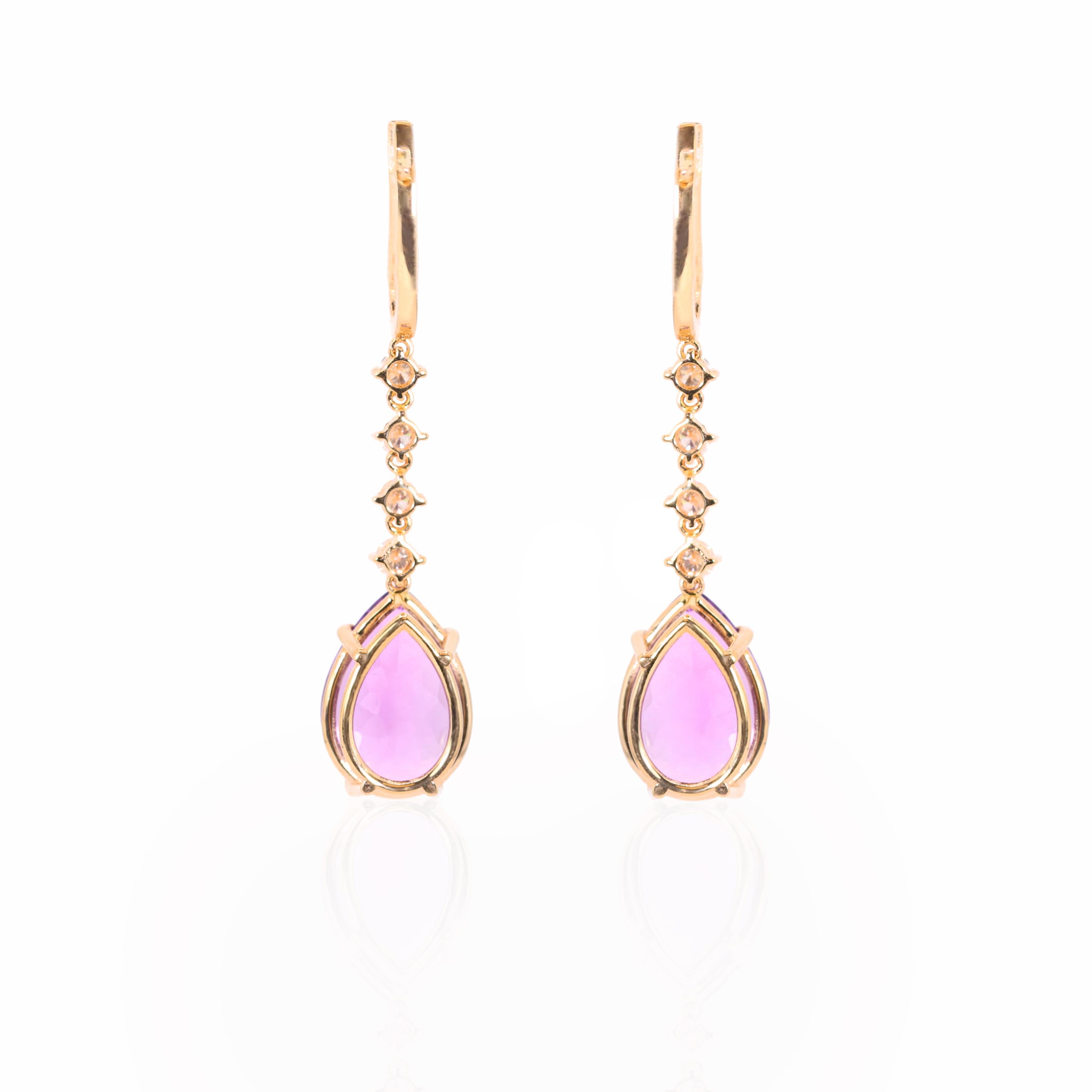 Modern Georgios Collections 18 Karat Rose Gold Long Pear Amethyst Earrings with Diamond For Sale