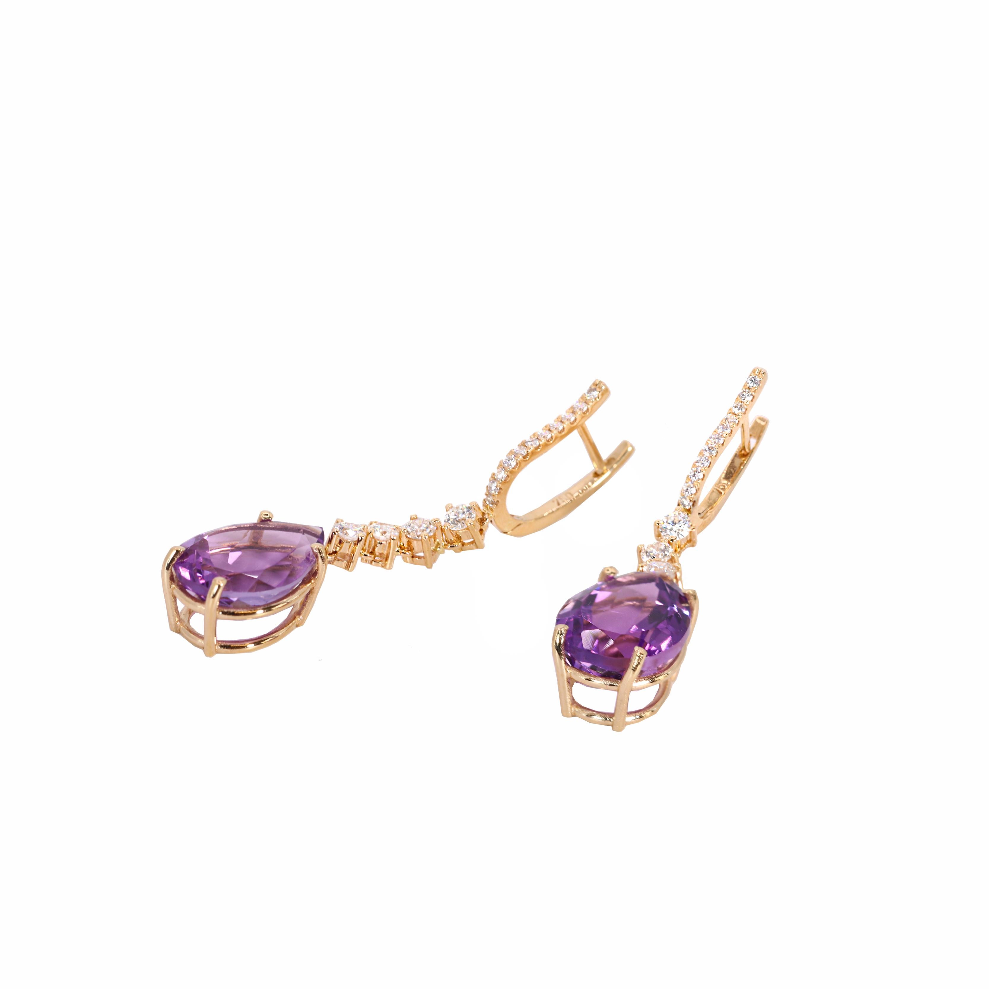 Pear Cut Georgios Collections 18 Karat Rose Gold Long Pear Amethyst Earrings with Diamond For Sale