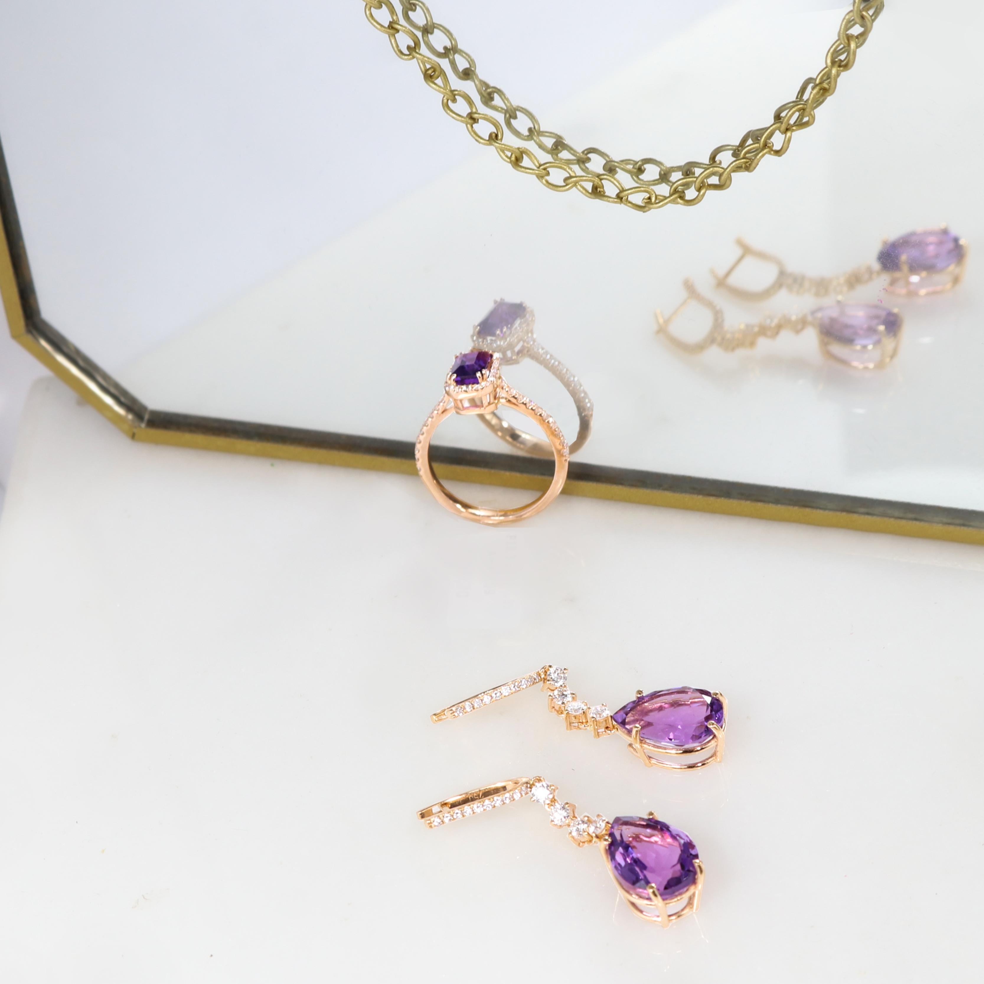 Georgios Collections 18 Karat Rose Gold Long Pear Amethyst Earrings with Diamond In New Condition For Sale In Astoria, NY