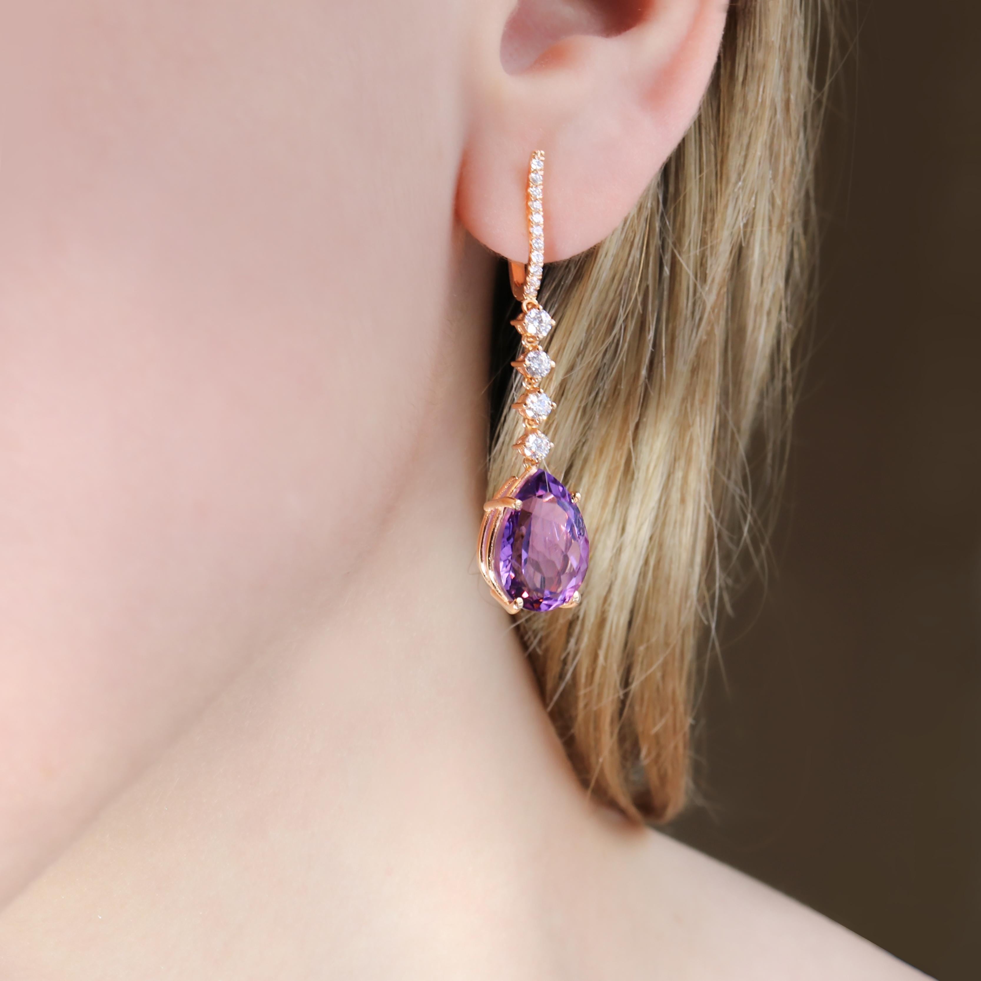 Women's Georgios Collections 18 Karat Rose Gold Long Pear Amethyst Earrings with Diamond For Sale