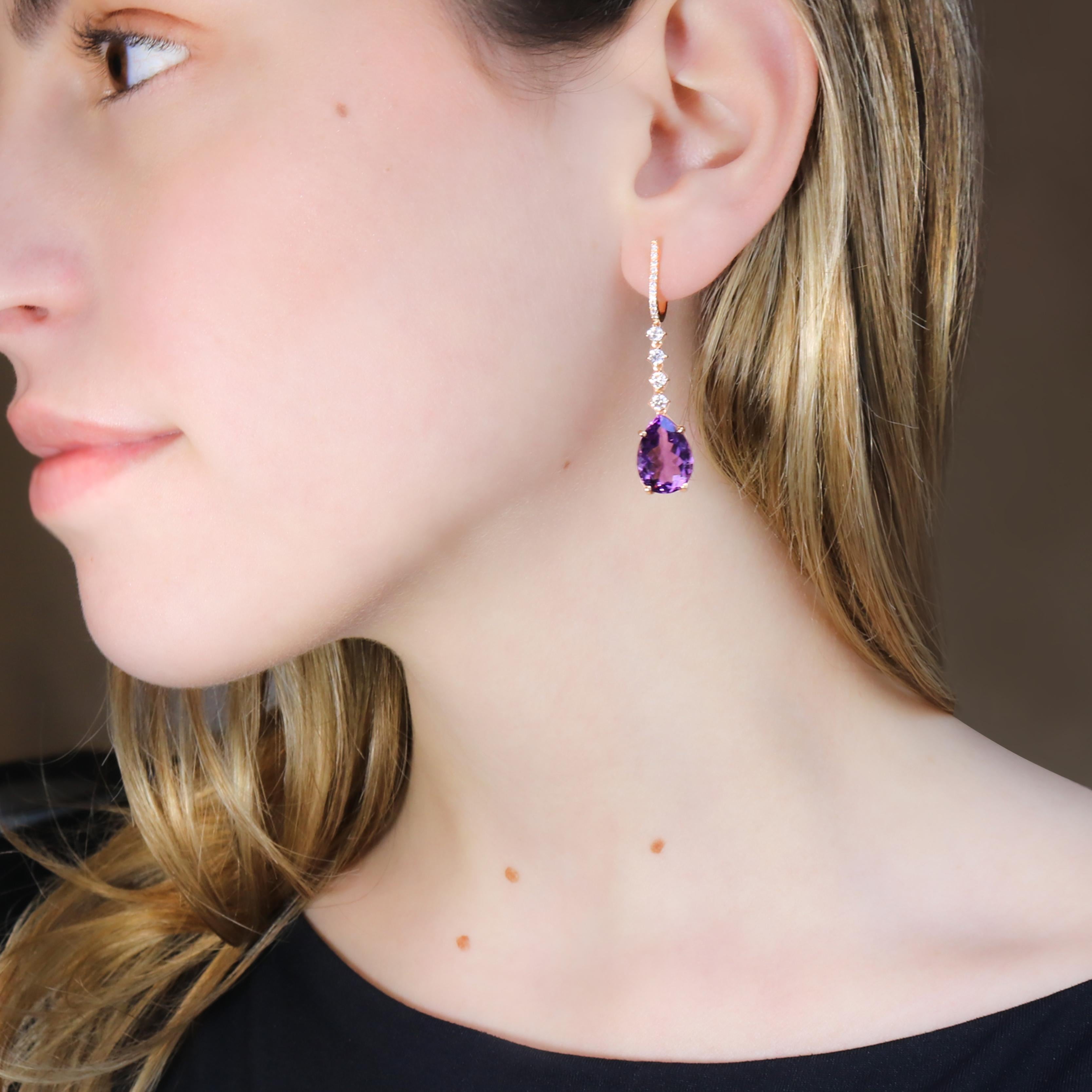 Georgios Collections 18 Karat Rose Gold Long Pear Amethyst Earrings with Diamond For Sale 1