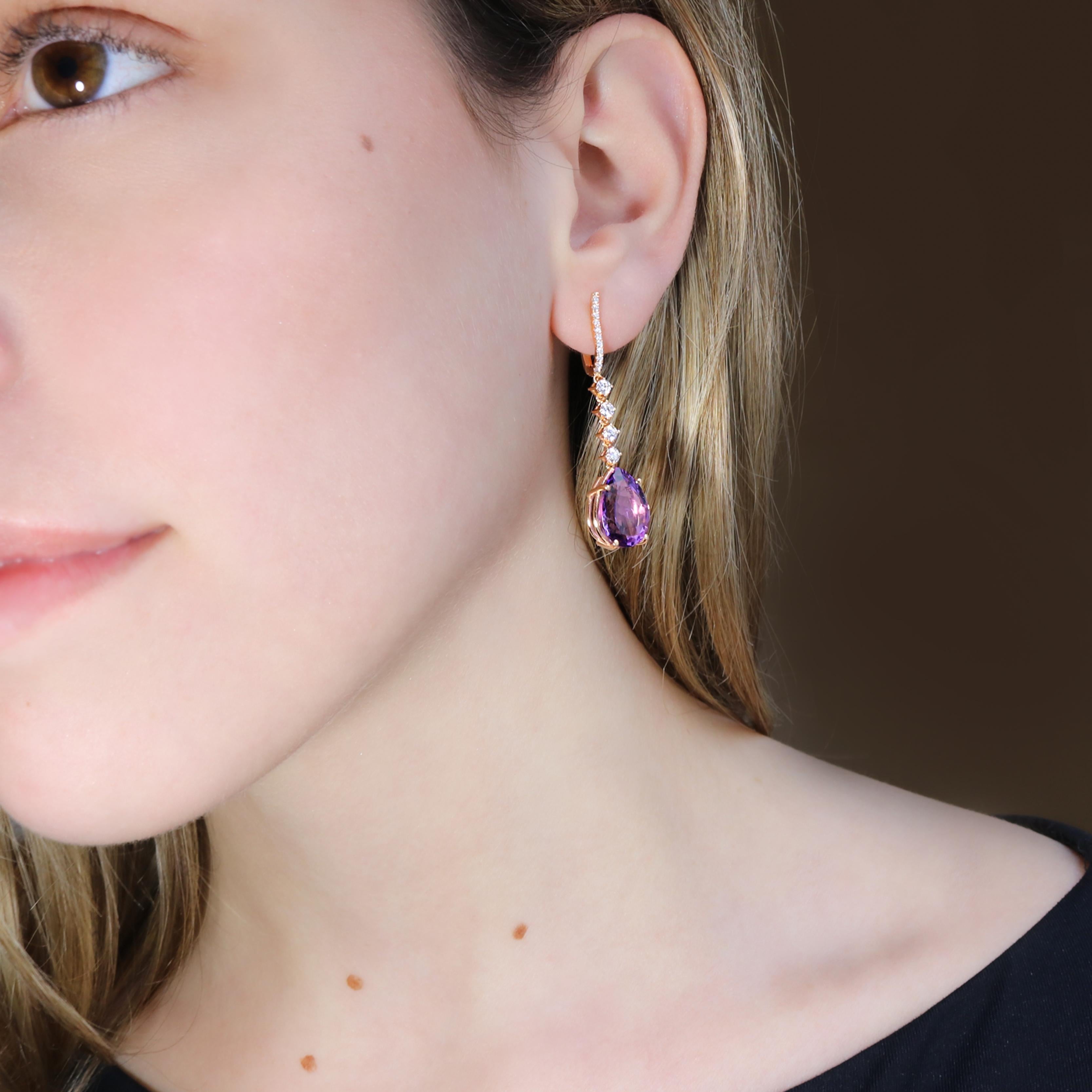 Georgios Collections 18 Karat Rose Gold Long Pear Amethyst Earrings with Diamond For Sale 2