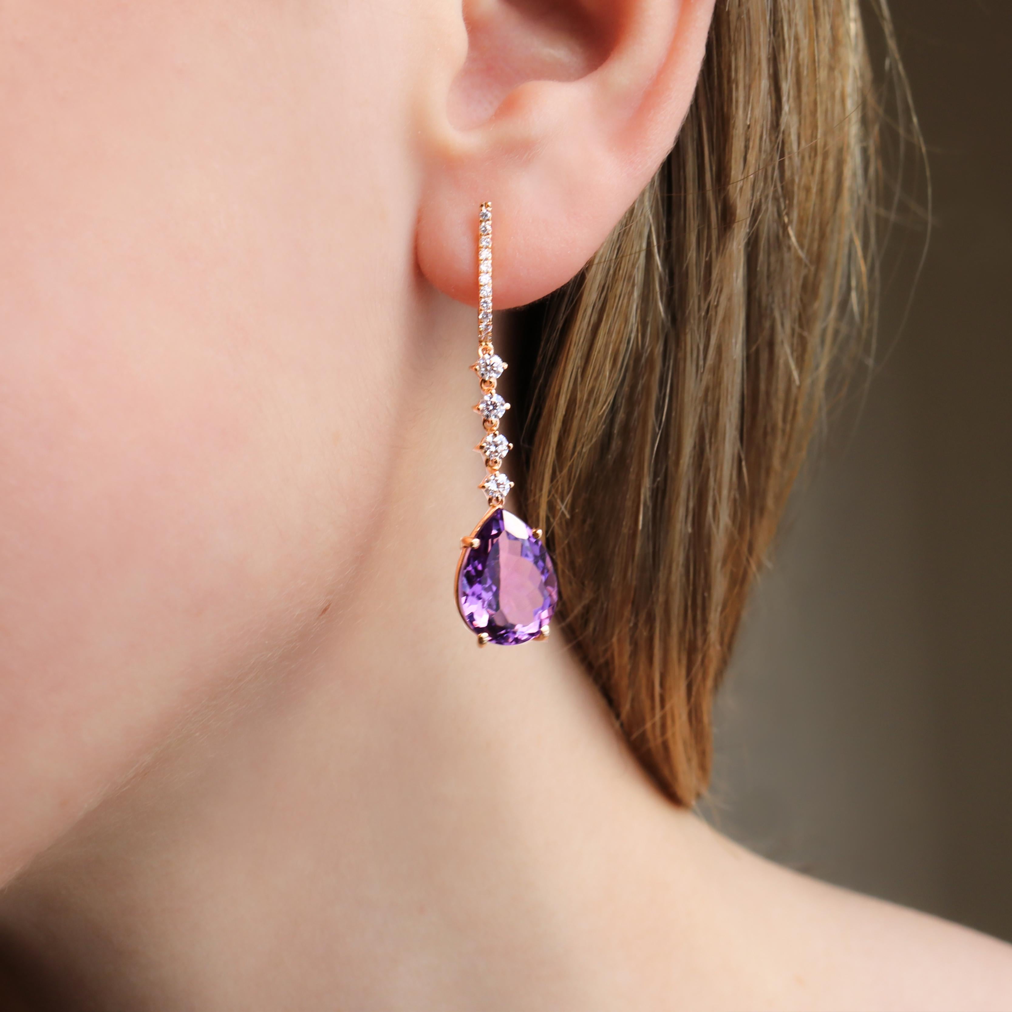 Georgios Collections 18 Karat Rose Gold Long Pear Amethyst Earrings with Diamond For Sale 3