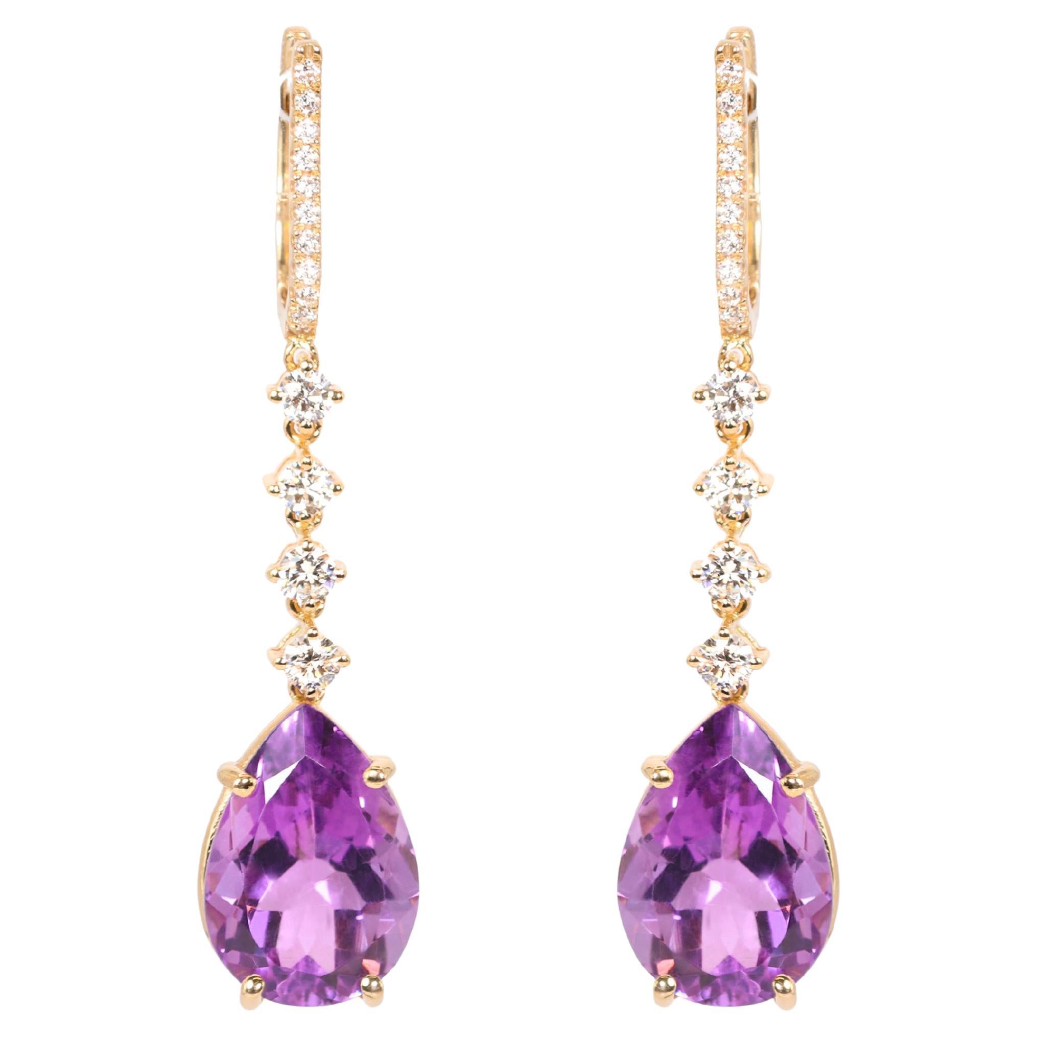 Georgios Collections 18 Karat Rose Gold Long Pear Amethyst Earrings with Diamond