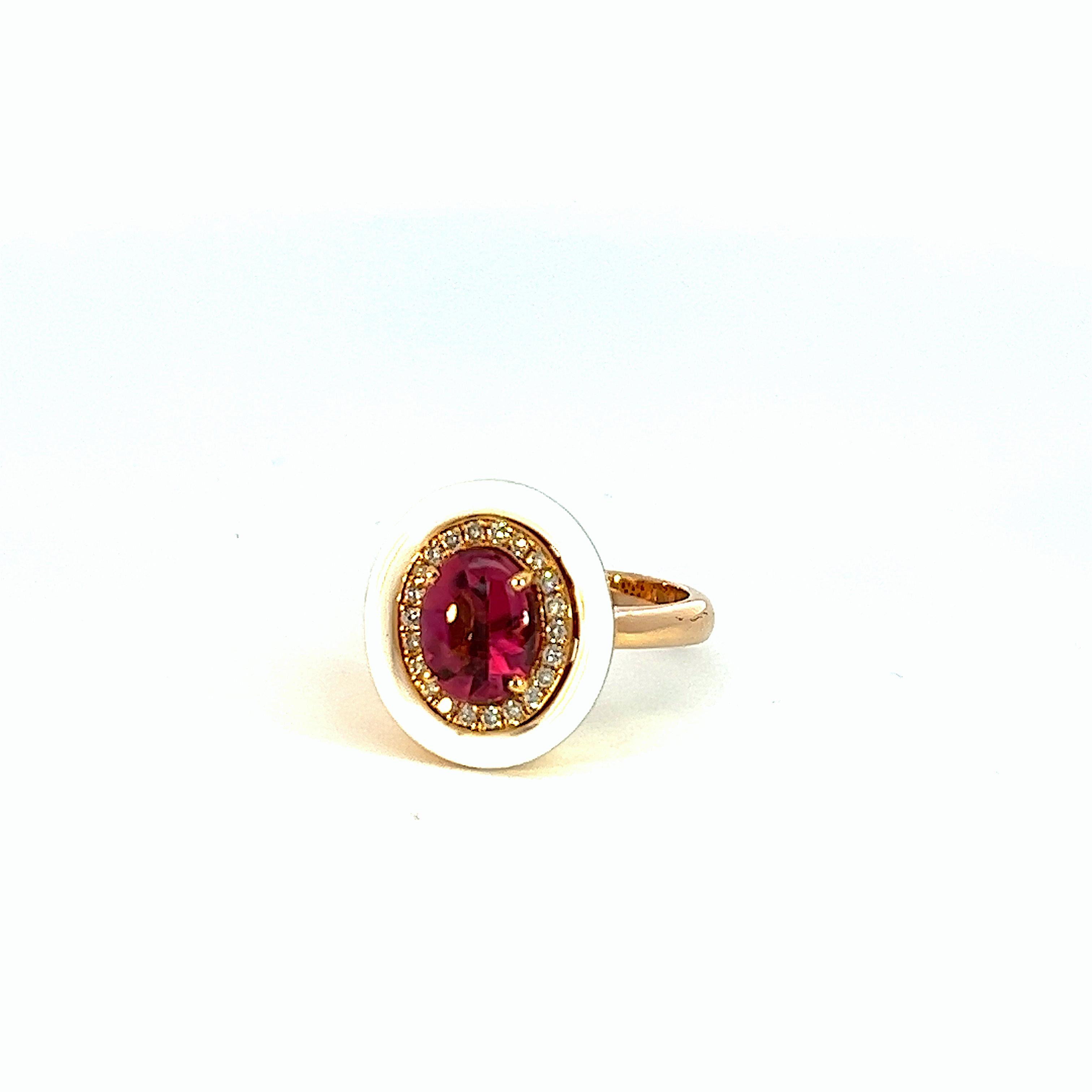 Cabochon Georgios Collections 18 Karat Rose Gold Pink Tourmaline and Enamel Diamond Ring For Sale