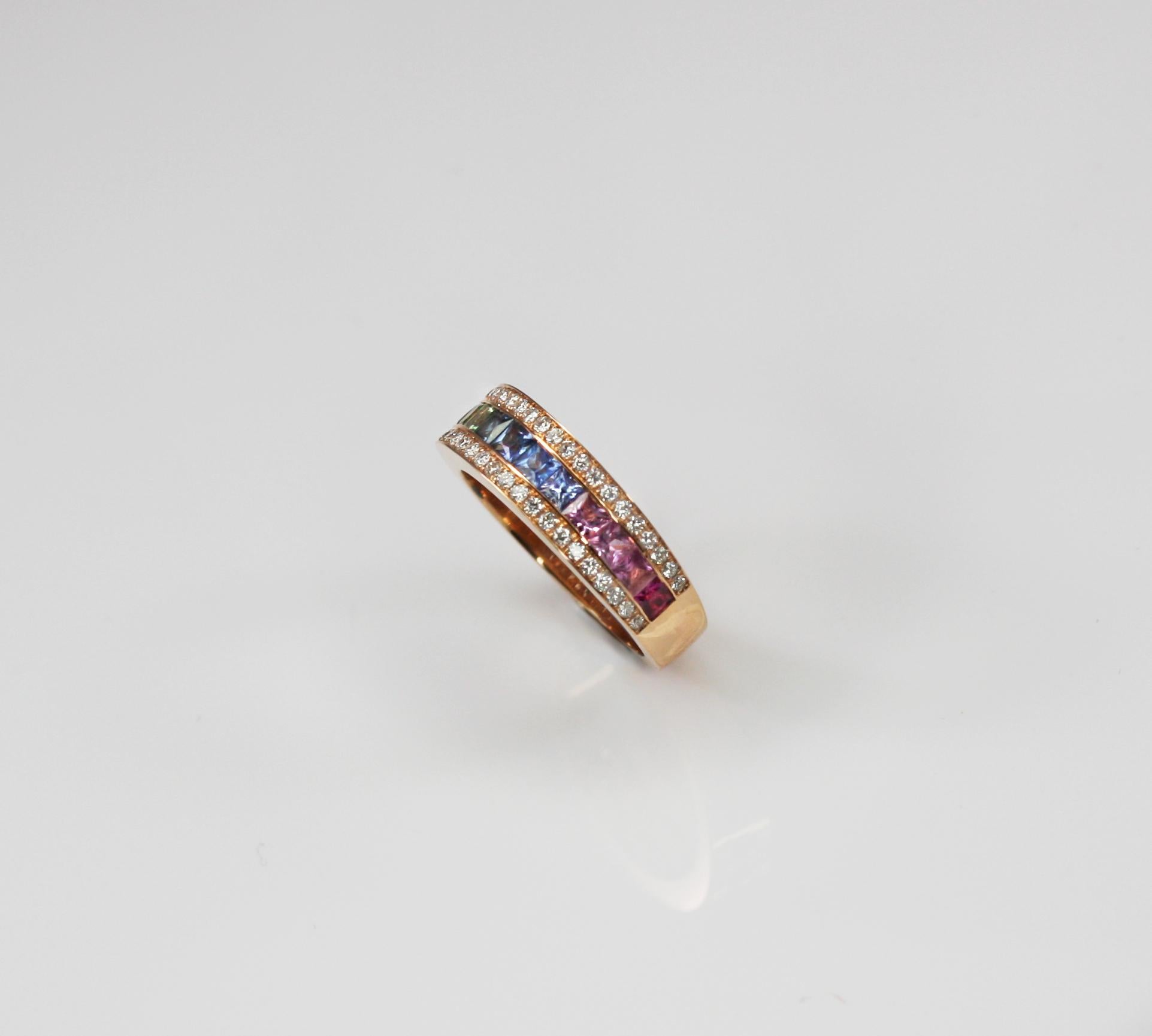 Georgios Collections 18 Karat Rose Gold Rainbow Sapphire and Diamond Band Ring In New Condition For Sale In Astoria, NY