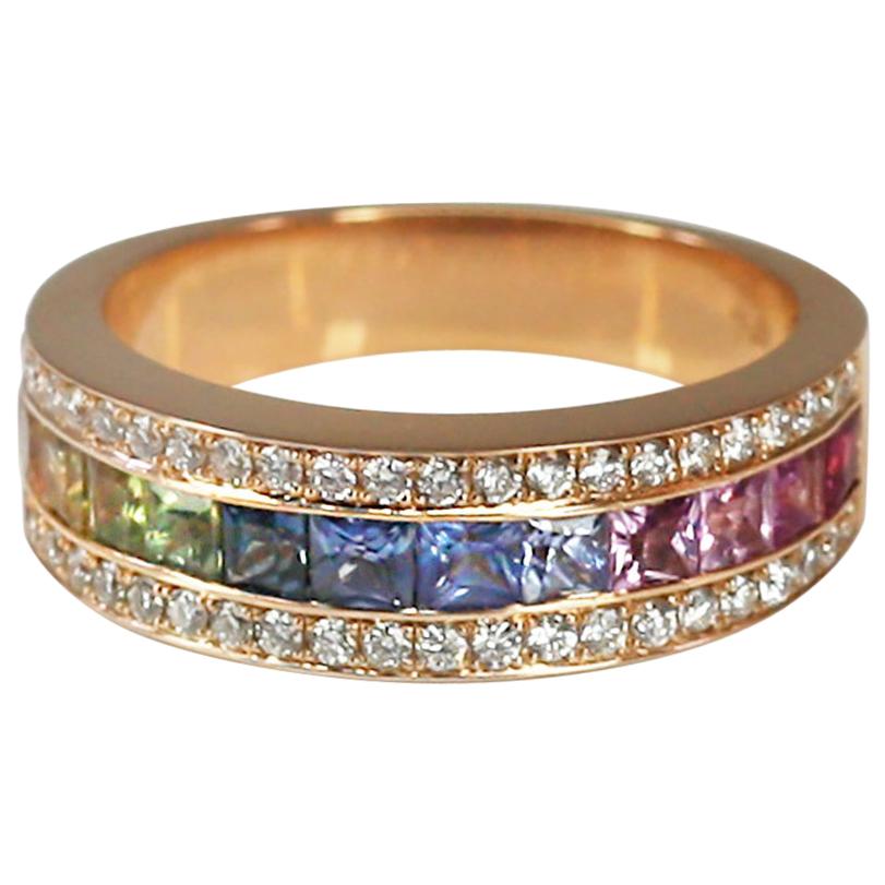 Georgios Collections 18 Karat Rose Gold Rainbow Sapphire and Diamond Band Ring For Sale