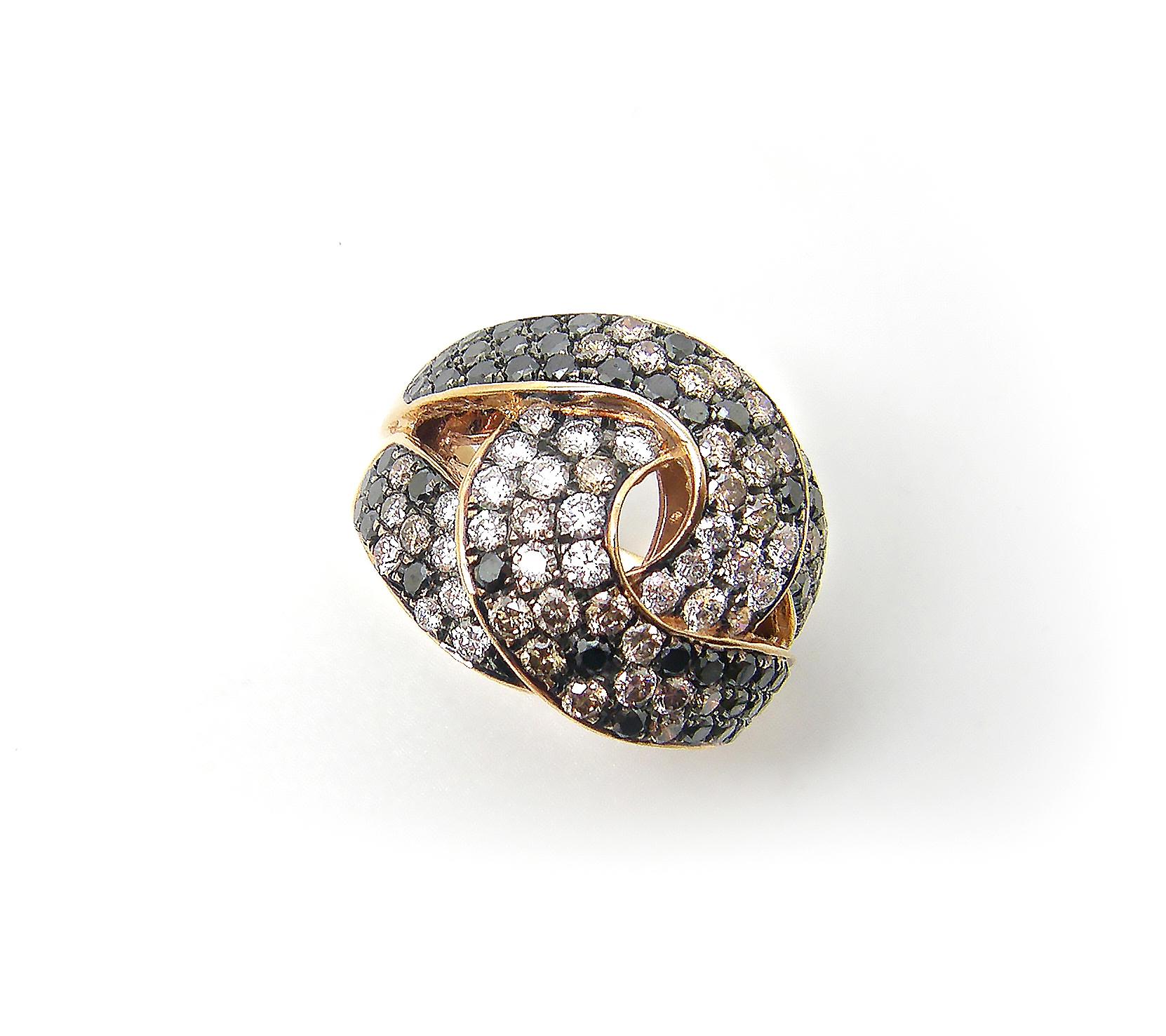 S.Georgios designer 18 Karat Rose Gold Brilliant Cut White, Brown, and Black Diamond wide band Ring is all handmade in a unique twisted design. The gorgeous ring features brilliant cut white diamonds total weight of 0.80 Carat, brown diamonds total