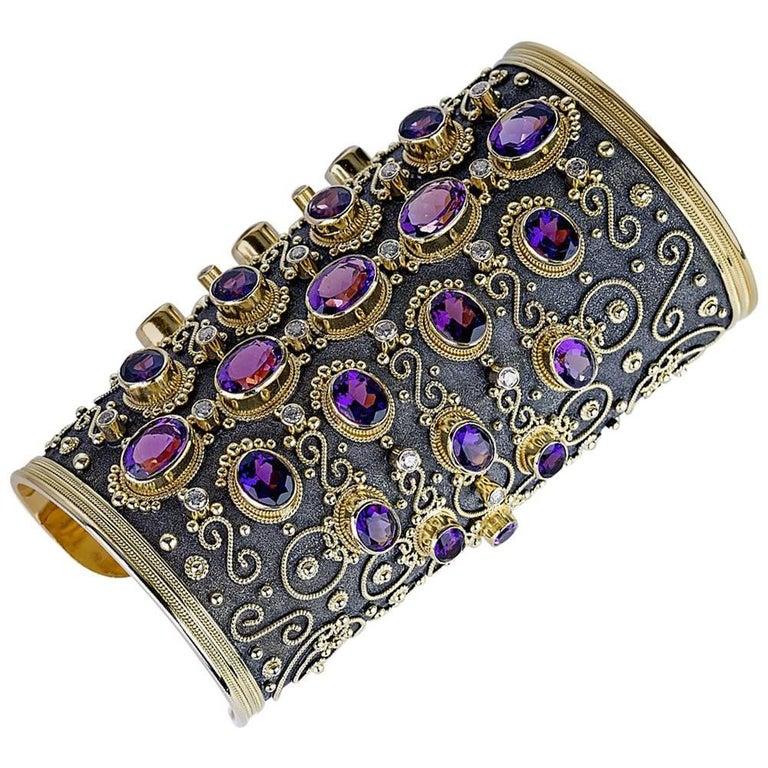 Georgios Collections 18 Karat Solid Gold Diamond Cuff Bracelet with Amethysts For Sale 2