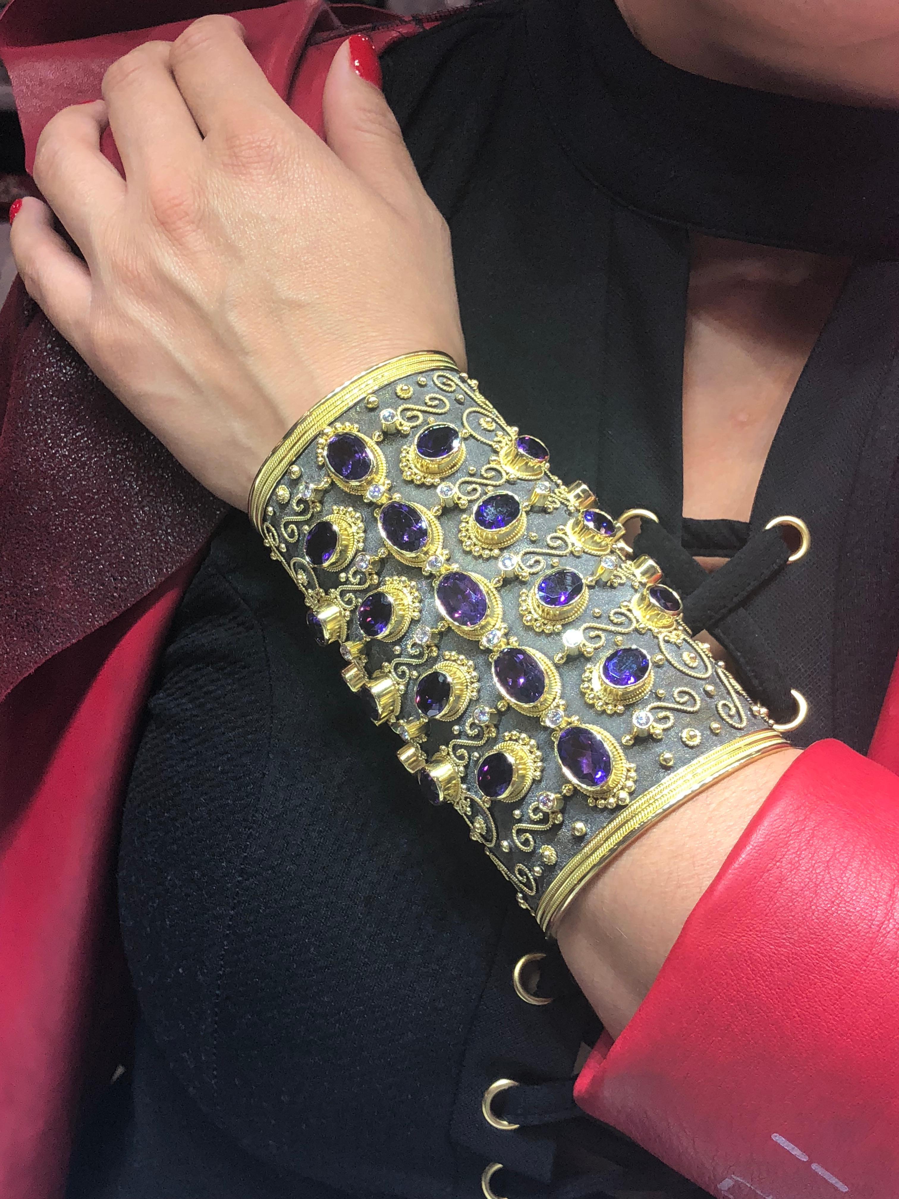 Georgios Collections 18 Karat Solid Gold Diamond Cuff Bracelet with Amethysts In New Condition For Sale In Astoria, NY