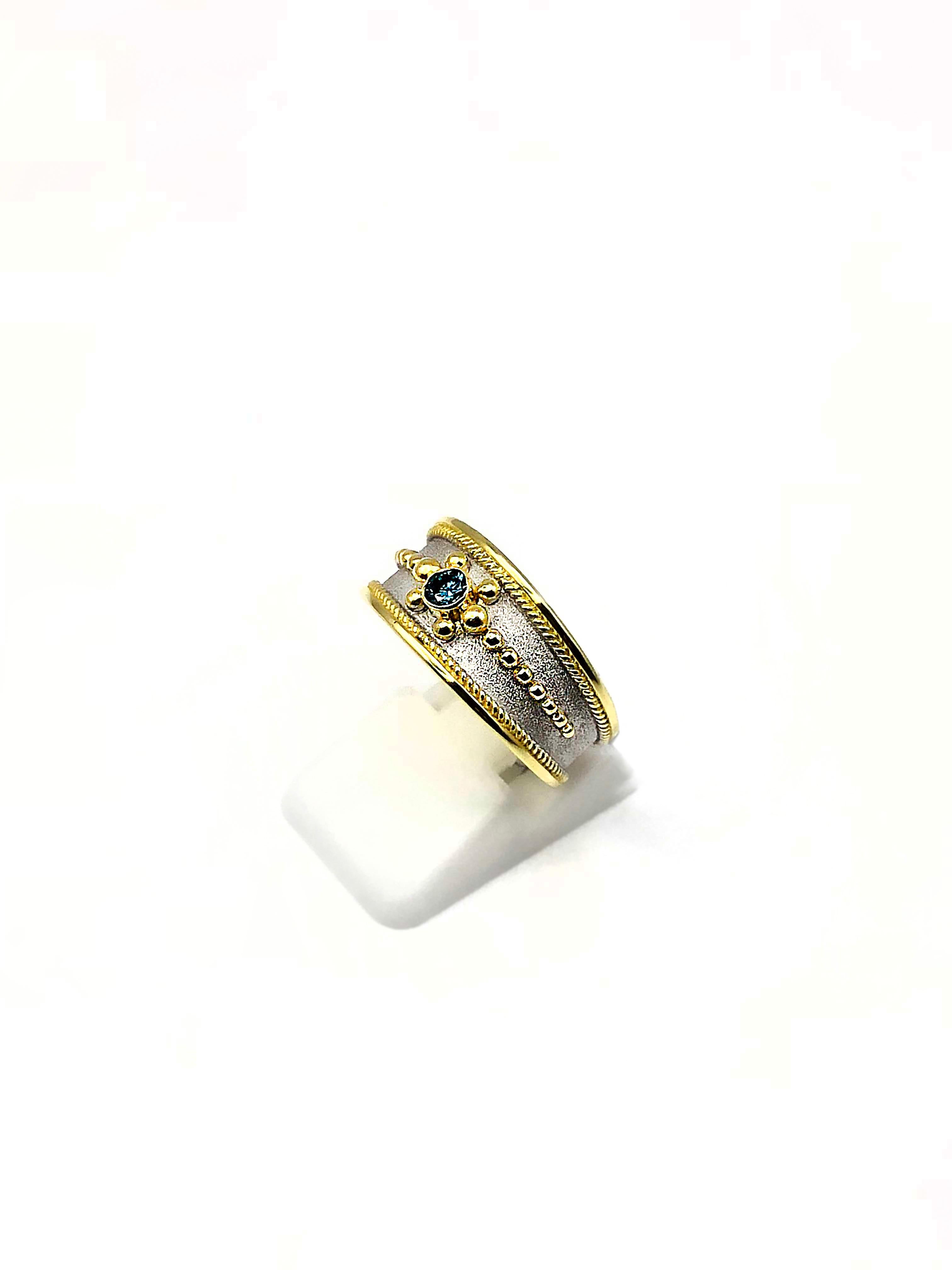Georgios Collections 18 Karat Two-Tone Gold Blue Diamond Thin Band Ring For Sale 3