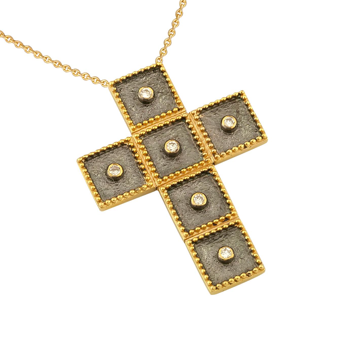 Round Cut Georgios Collections 18 Karat Two-Tone Gold Diamond Cross Pendant with Chain For Sale