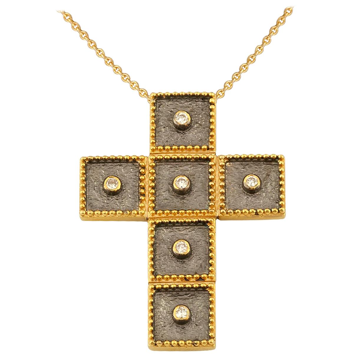 Georgios Collections 18 Karat Two-Tone Gold Diamond Cross Pendant with Chain