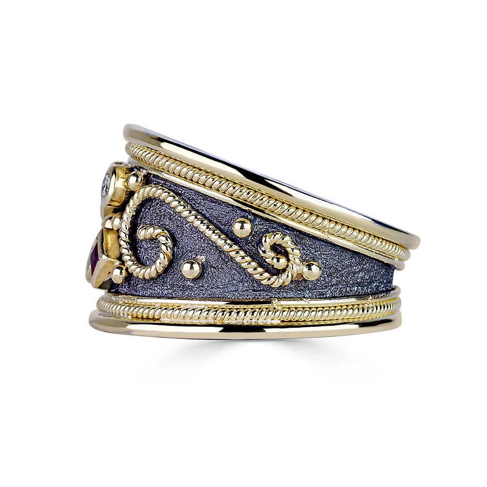 S.Georgios designer ring is handmade from solid 18 Karat White and Yellow Gold and all custom-made. The white gold ring is microscopically decorated all with yellow gold beads and wires. Granulated details contrast with Byzantine velvet background