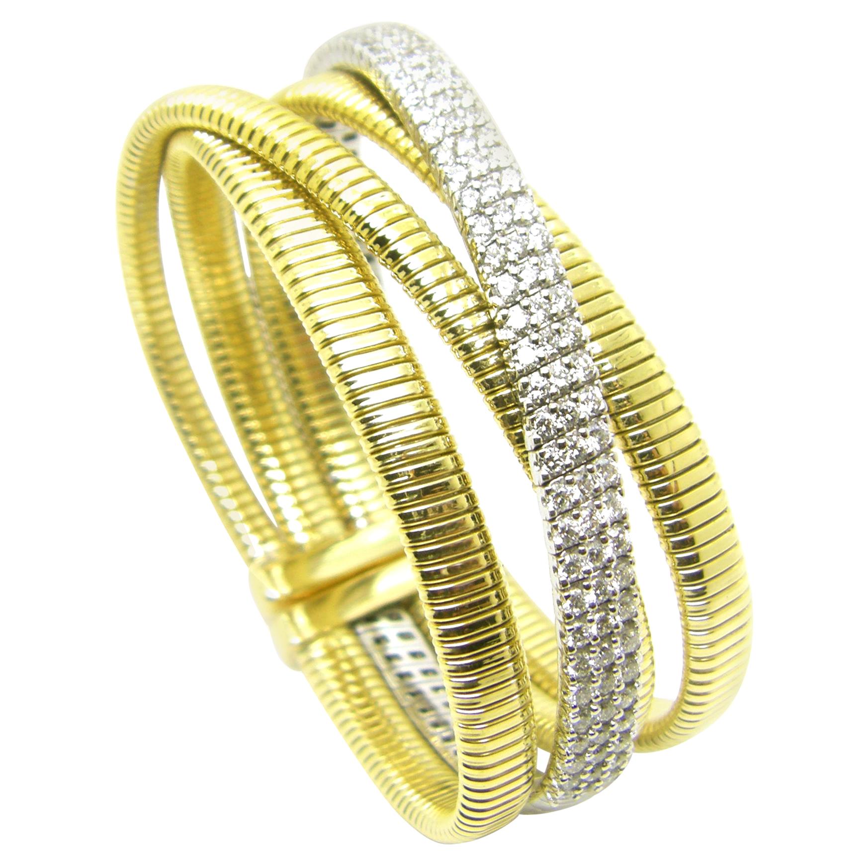 Georgios Collections 18 Karat White and Yellow Gold Diamond Cuff Bangle Bracelet For Sale