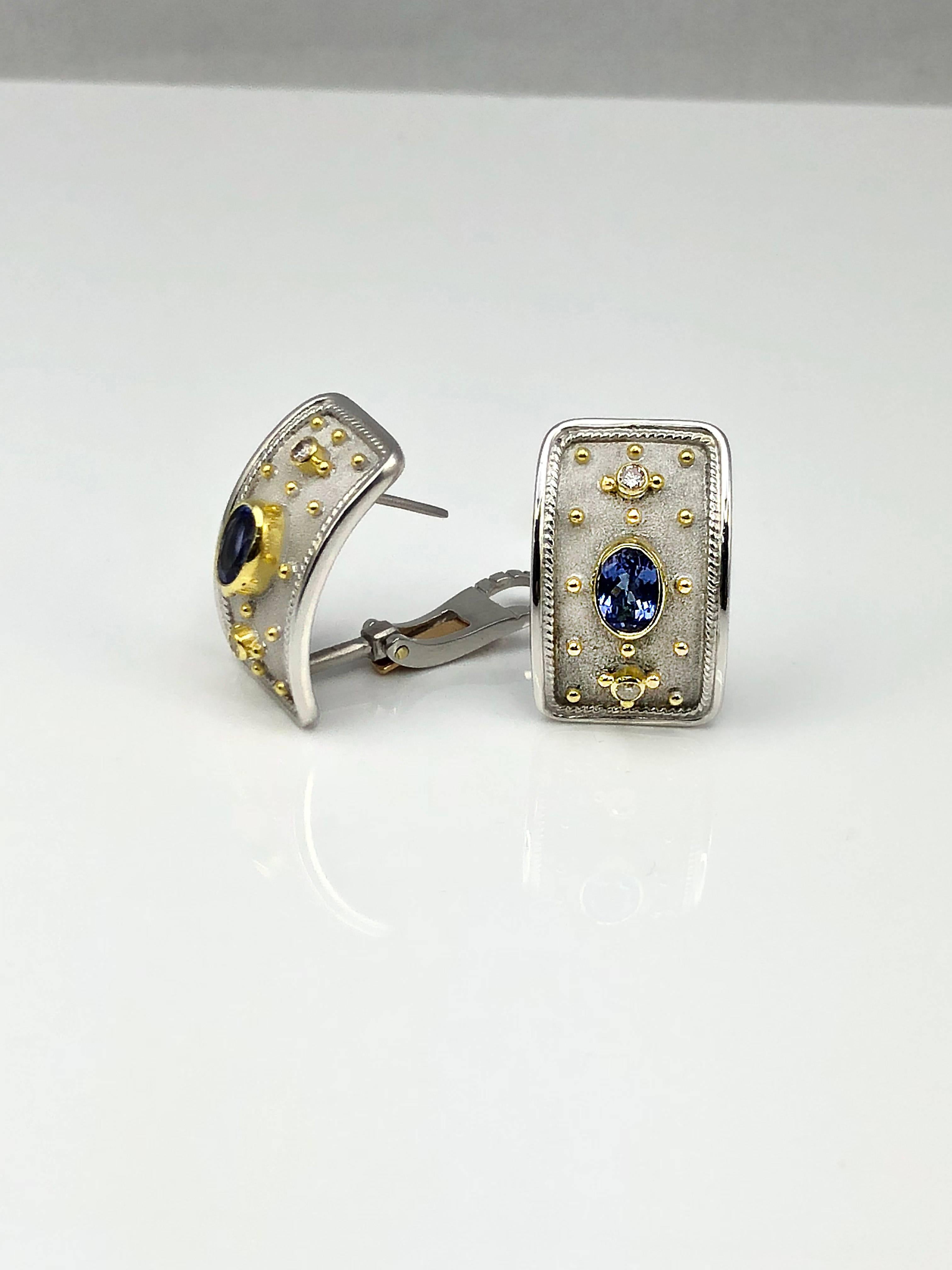 Georgios Collections 18 Karat White and Yellow Gold Tanzanite Diamond Earrings In New Condition In Astoria, NY