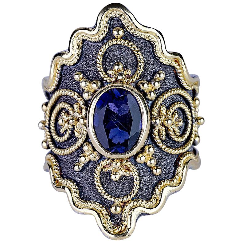 Georgios Collections Bague large en or blanc et jaune 18 carats avec tanzanite rhodiée