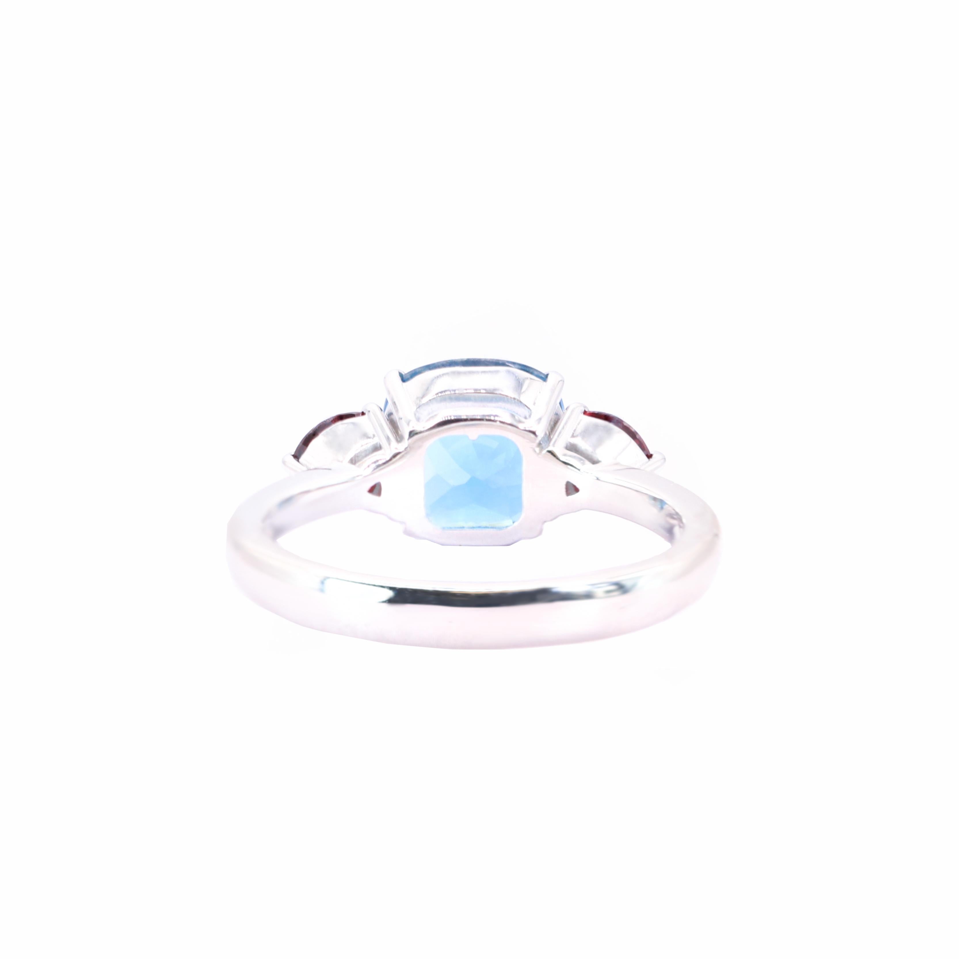 Taille coussin Georgios Collections 18 Karat White Blue Topaz Cushion Ring with Rubies en vente