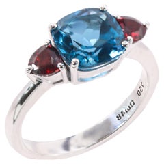 Georgios Collections 18 Karat White Blue Topaz Cushion Ring with Rubies