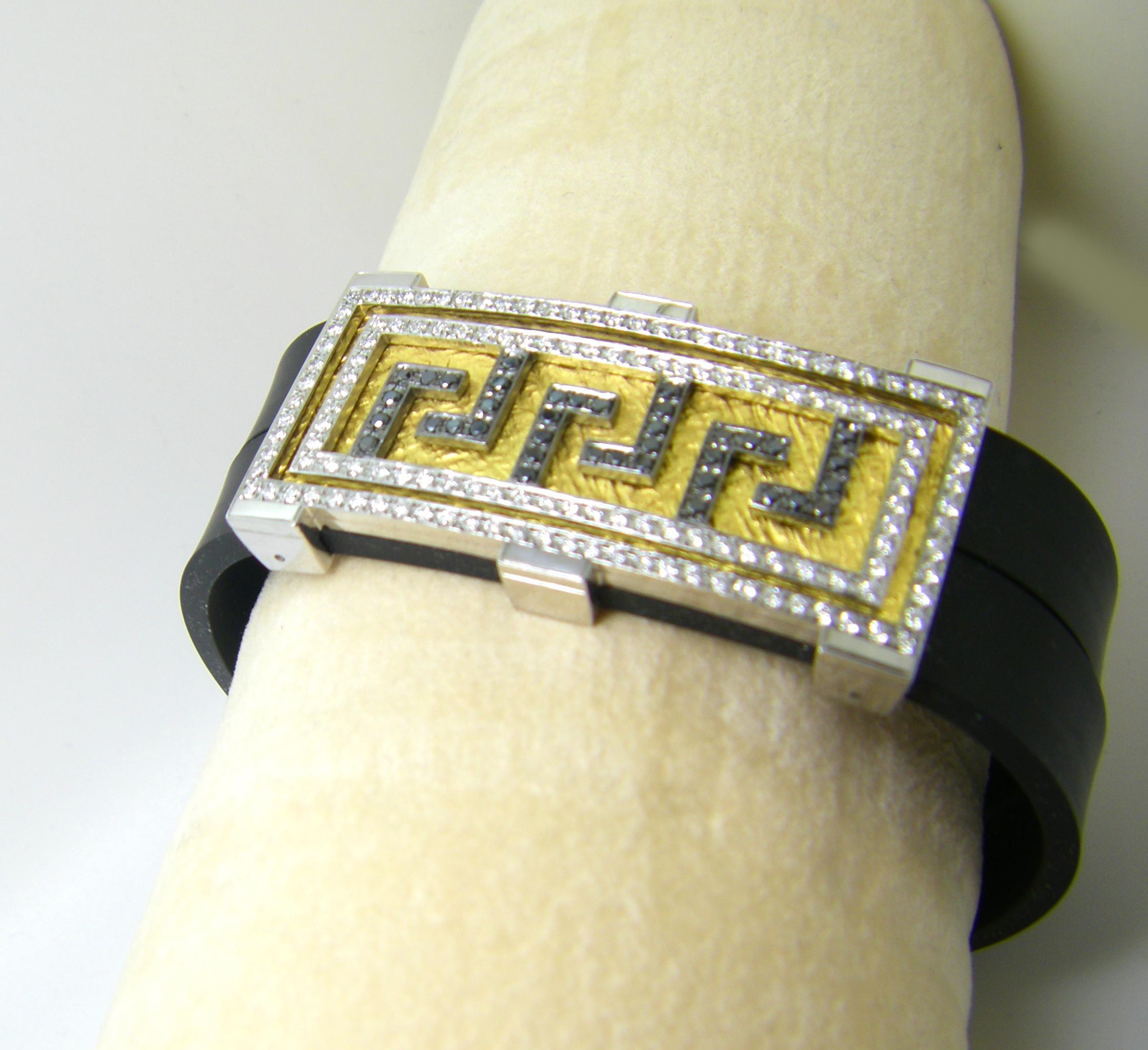 S.Georgios designer Greek Key bracelet in solid white gold 18 karats and all hand made with diamonds forming the Greek Key design, the symbol of eternal life. The stunning Bracelet is custom made and has brilliant cut white diamonds total weight of