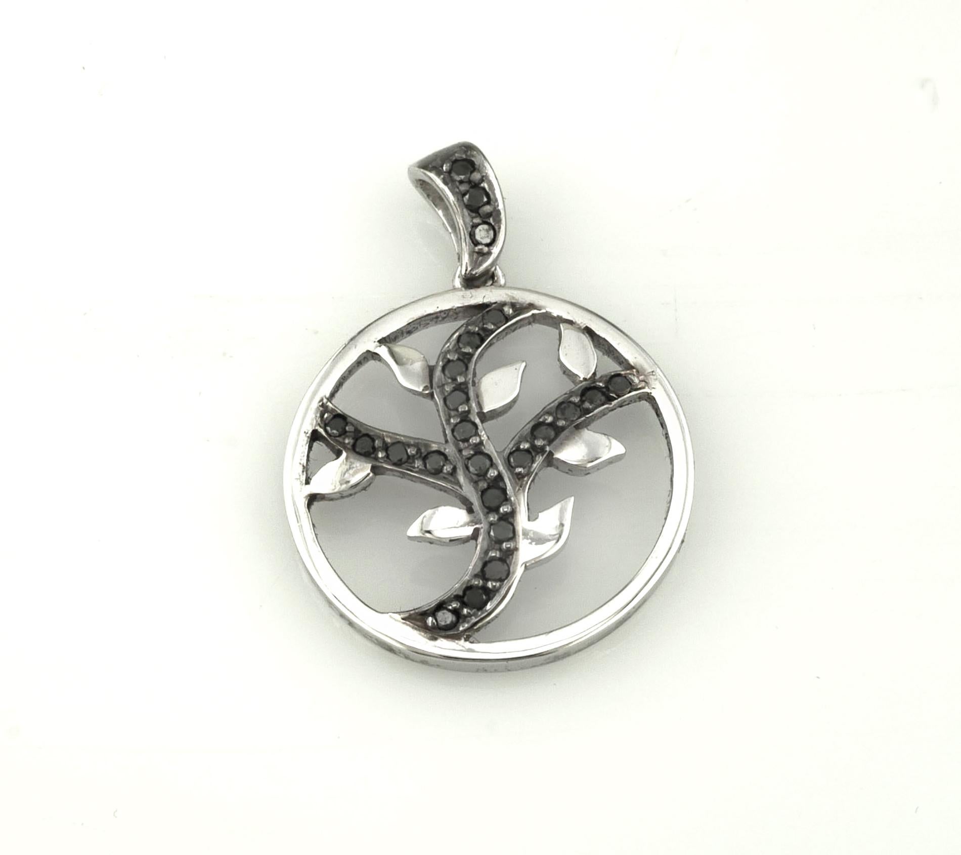 Georgios Collections 18 Karat White Gold and Black Diamond Round Leaf Pendant For Sale 3