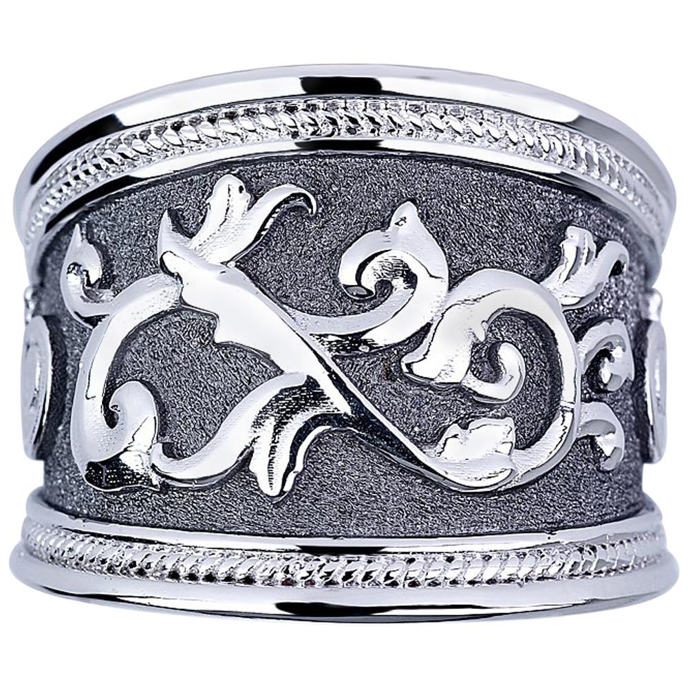 Georgios Collections 18 Karat White Gold Black Rhodium Byzantine Wide Band Ring For Sale
