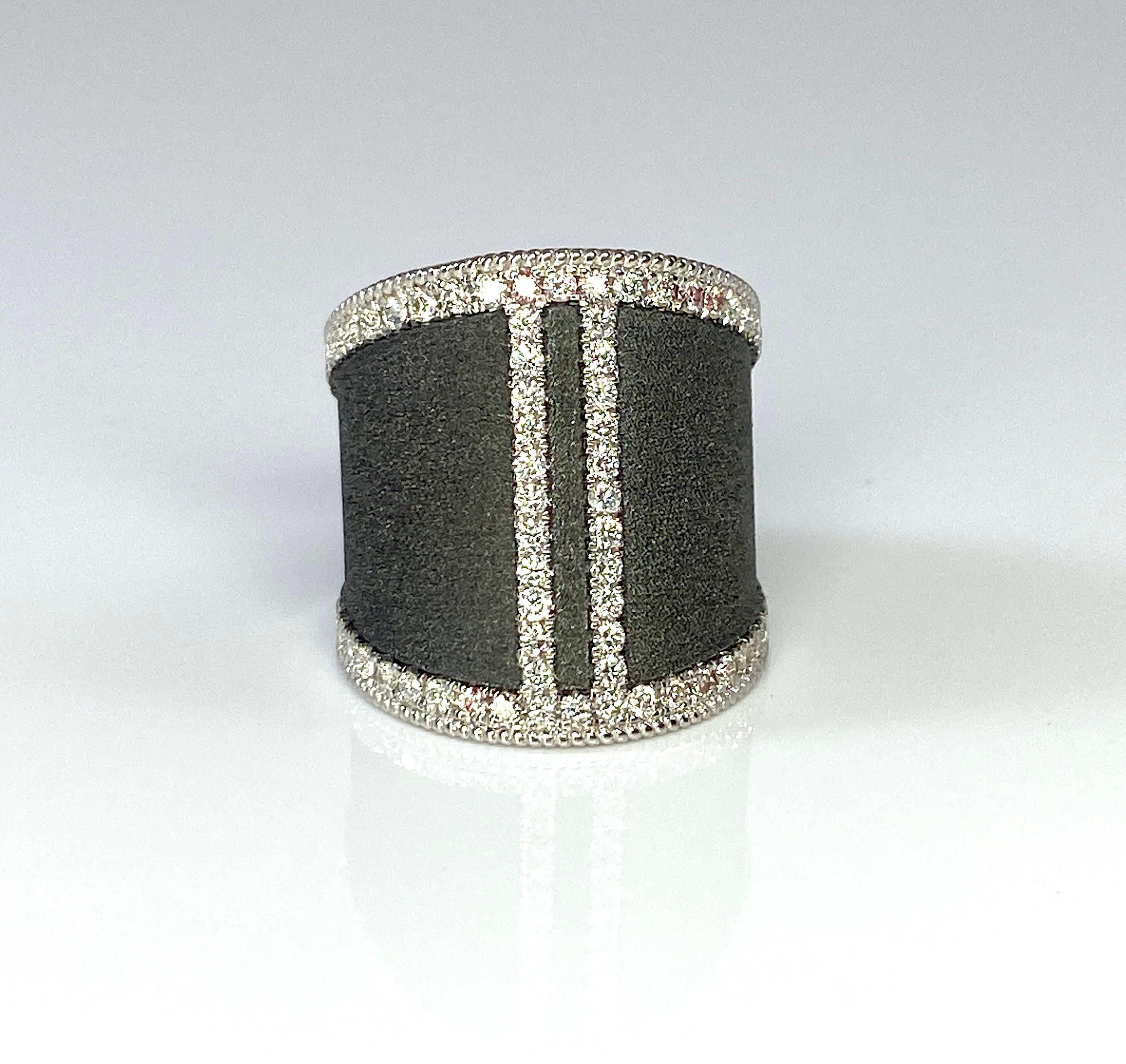 You are admiring S.Georgios designer 18 Karat Solid White Gold Wide Ring all handmade in Byzantine style and a stunning unique velvet background finished with Black Rhodium. This gorgeous ring features  0.80 Carats of Brilliant-cut White Diamonds