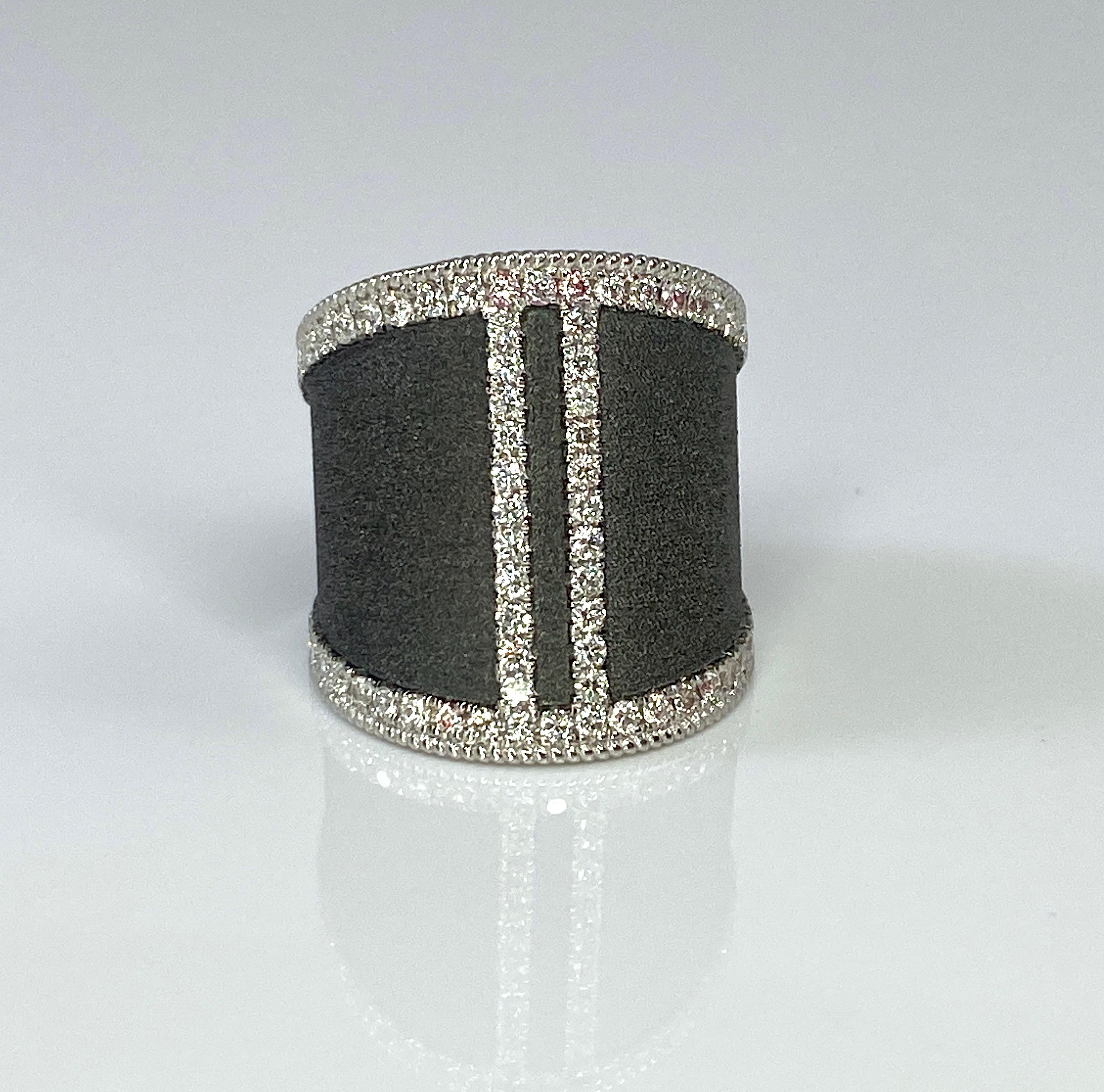 Round Cut Georgios Collections 18 Karat White Gold and Black Rhodium Wide Diamond Ring  For Sale