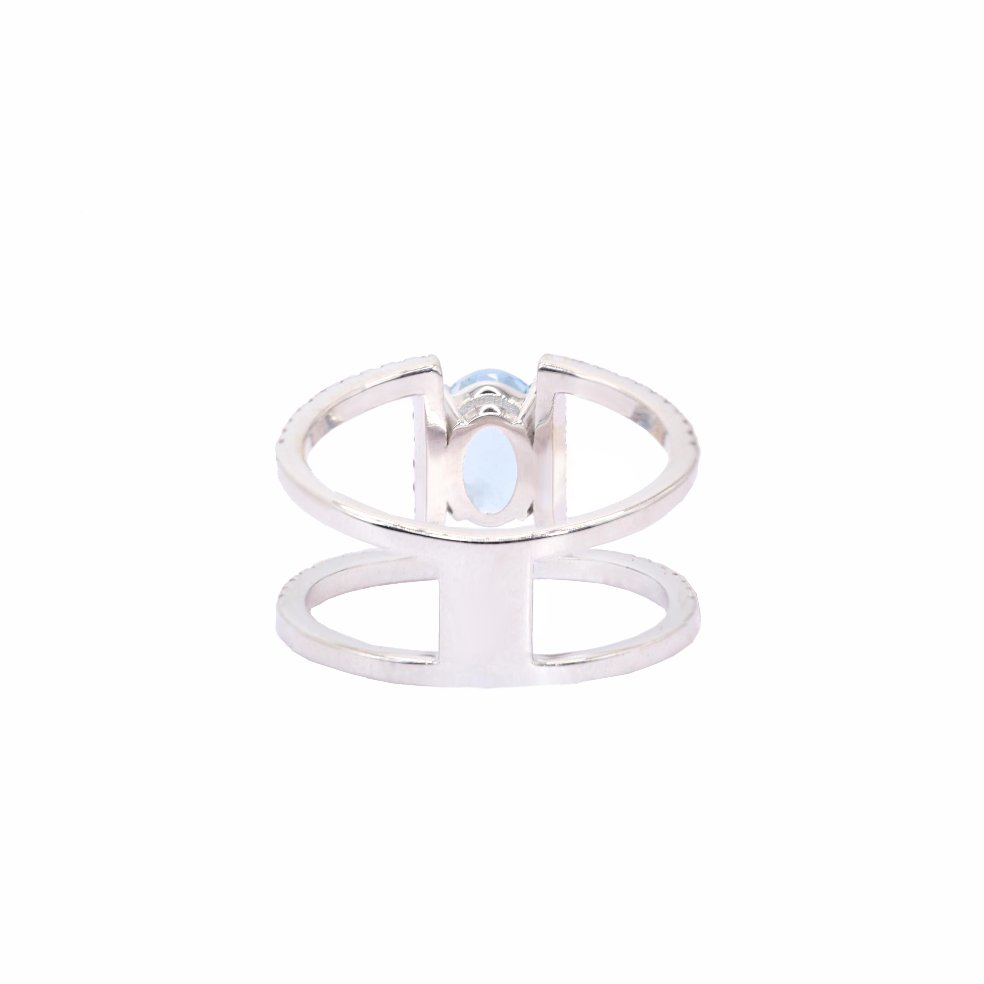 Oval Cut Georgios Collections 18 Karat White Gold Aquamarine and Diamond Double Band Ring For Sale