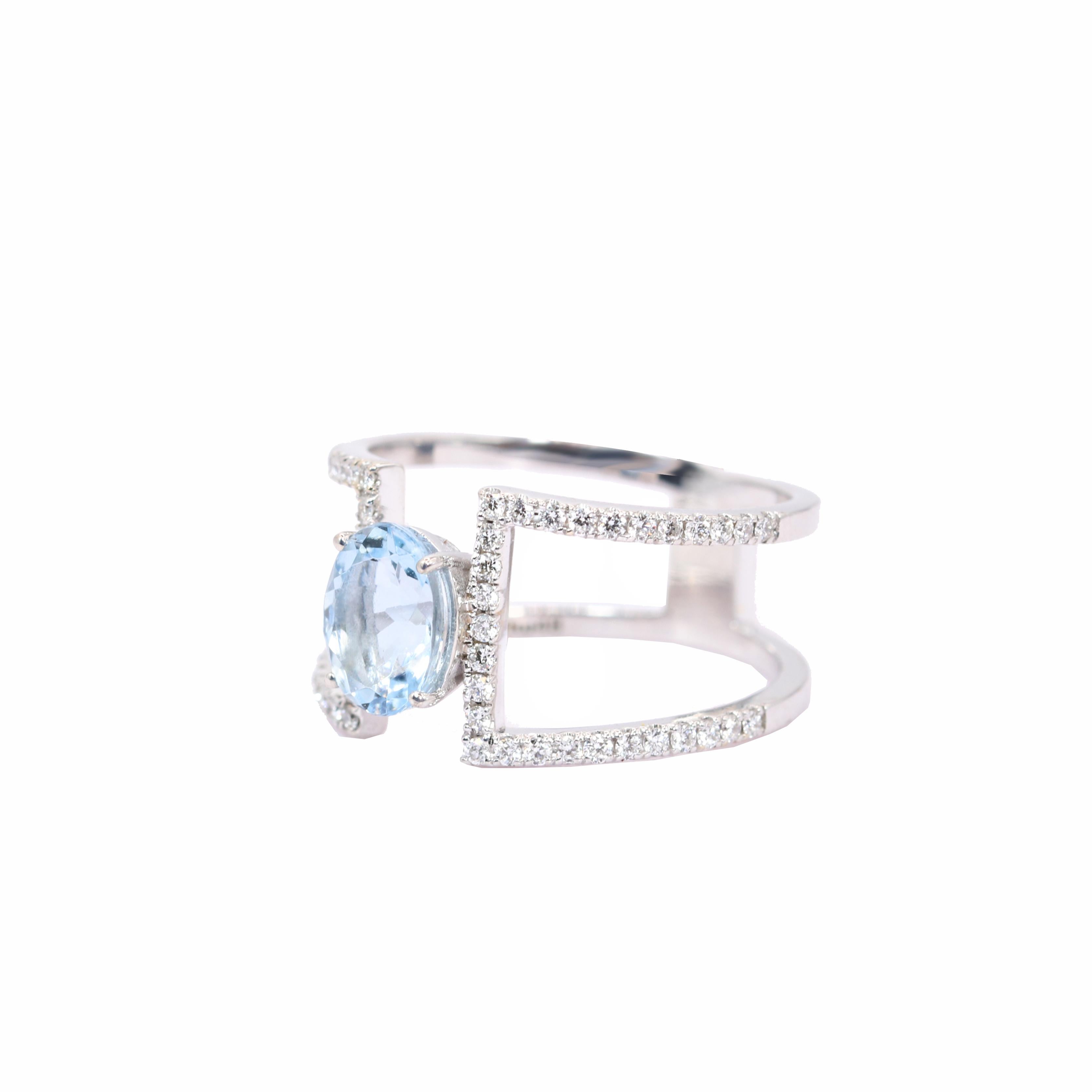 Georgios Collections 18 Karat White Gold Aquamarine and Diamond Double Band Ring In New Condition For Sale In Astoria, NY